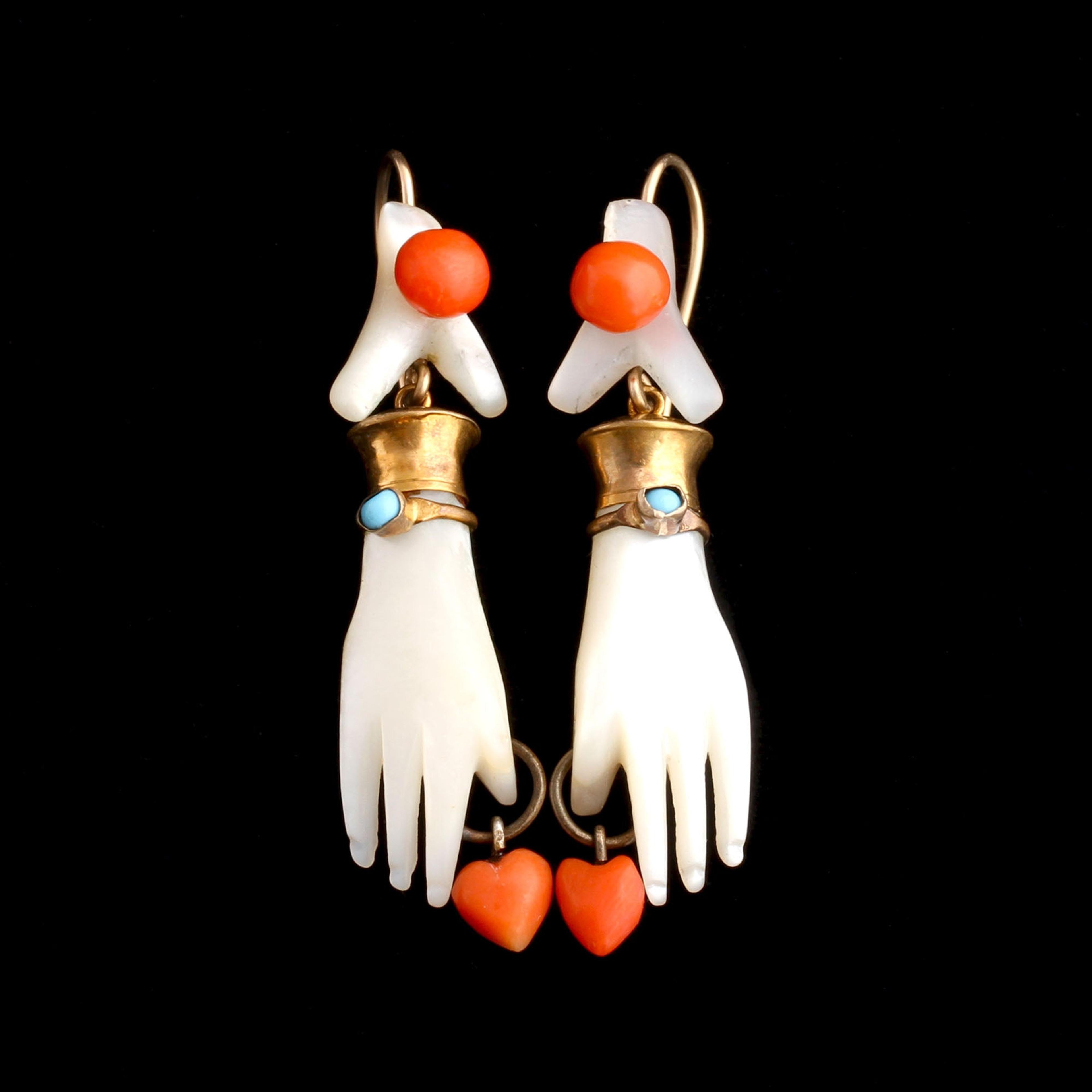Detail of Victorian Nacre, Coral & Turquoise Hearts in Hands Earrings