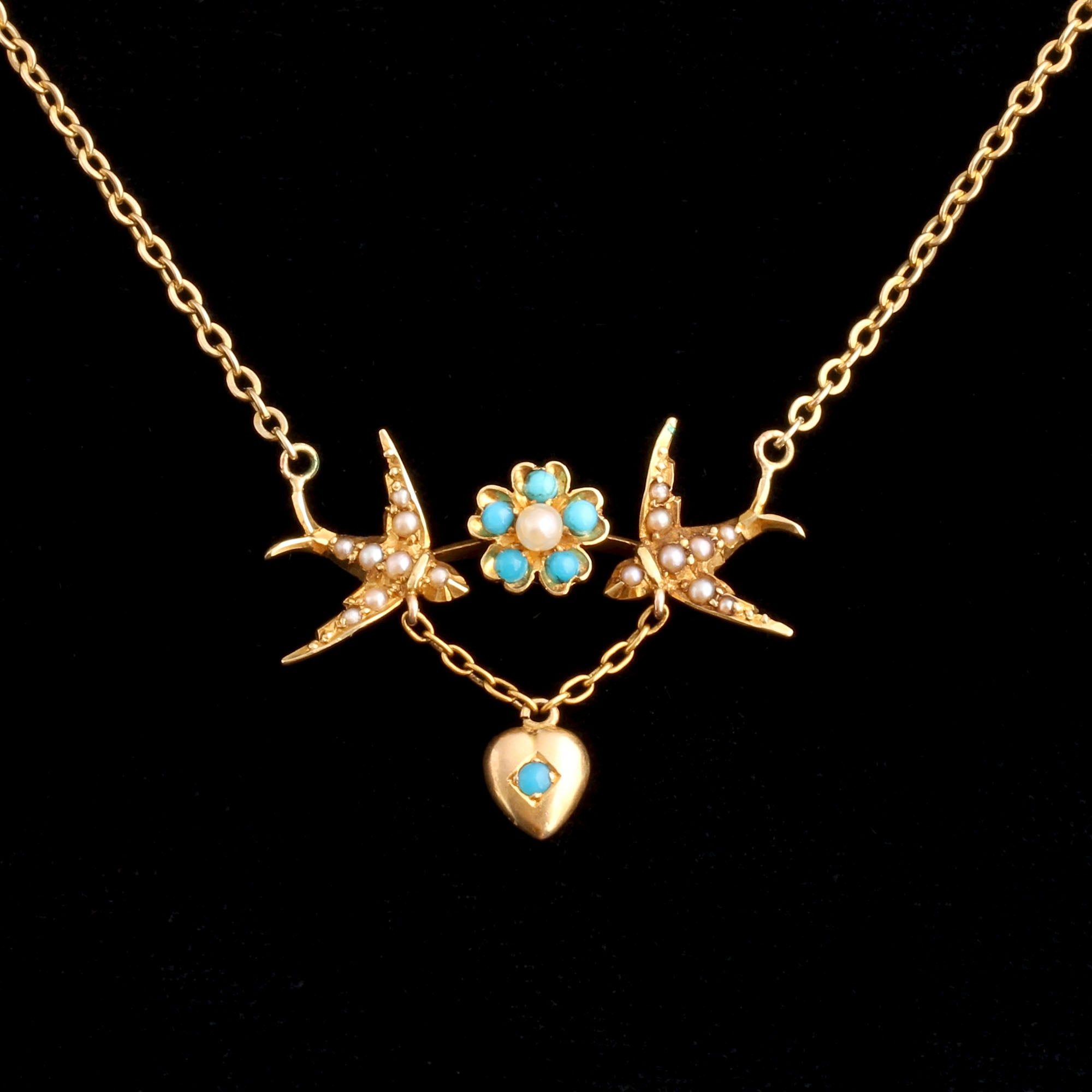 Late Victorian Swallow, Flower & Heart Necklace