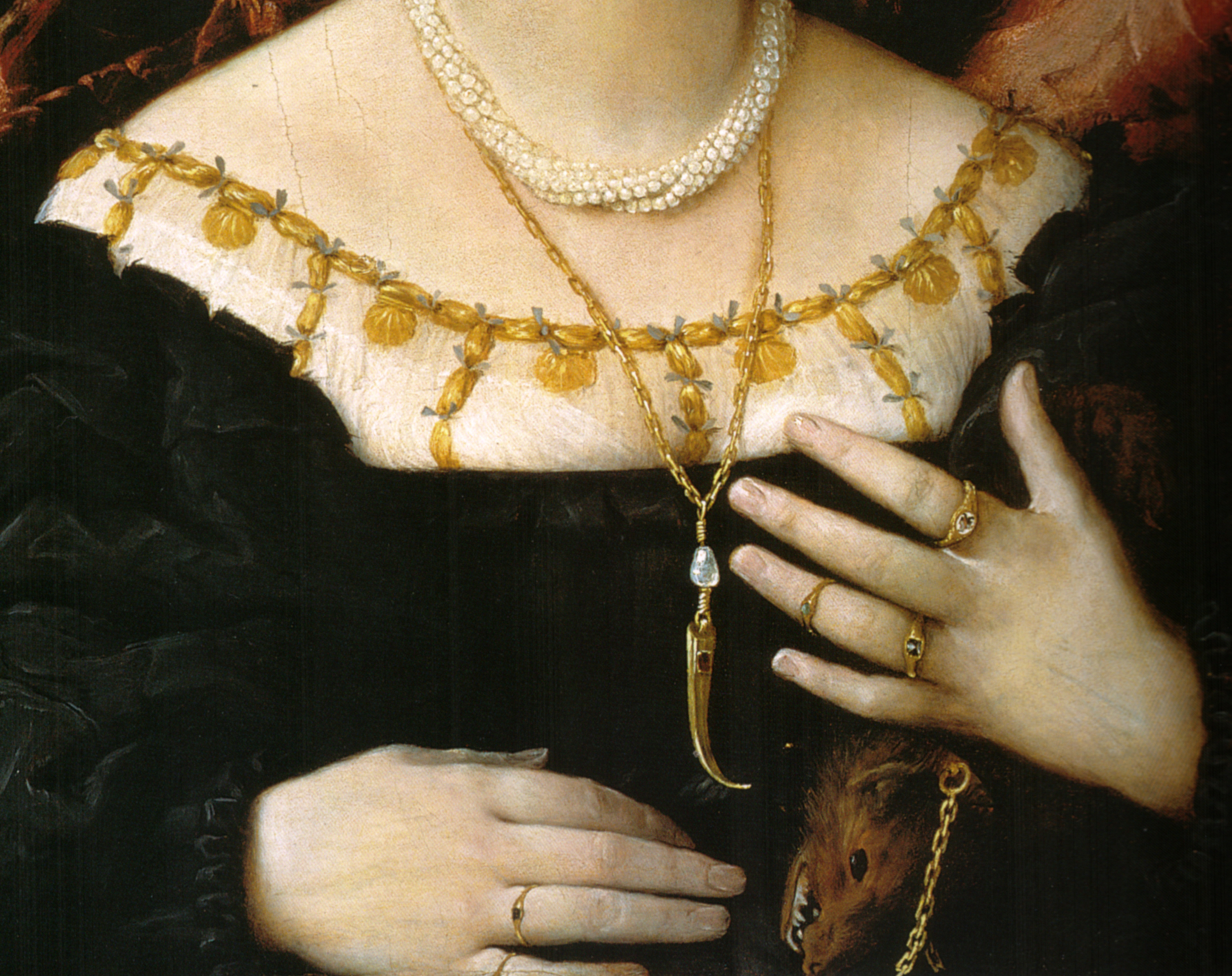The weasel was a fertility talisman in the Renaissance. It was believed that the animal conceived through the ears and gave birth through the mouth. A “miraculous” conception reminiscent of the Virgin Mary. Portrait of Lucina Brembati by Lorenzo Lotto, 1518.