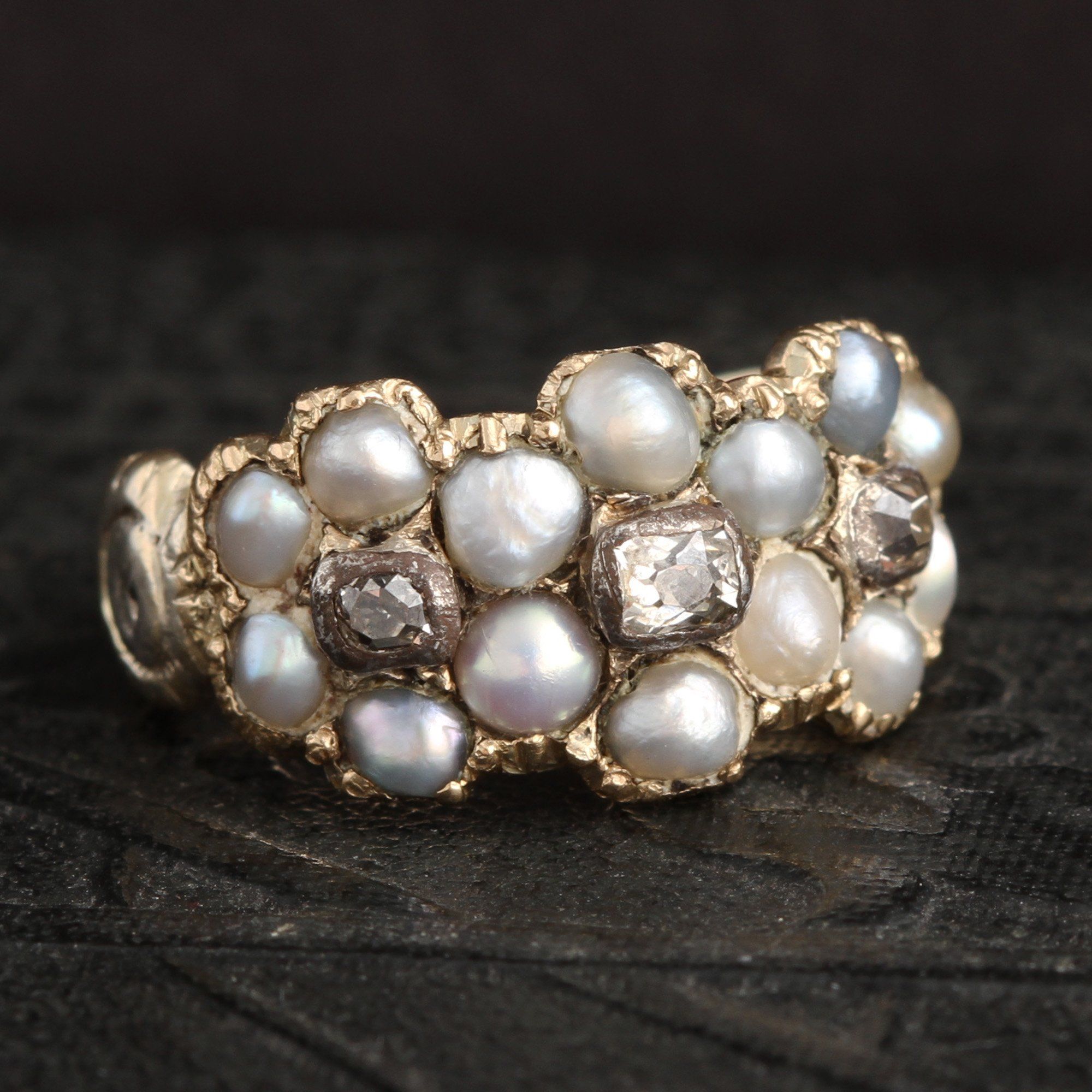 Georgian Pearl & Diamond Triple Cluster Ring