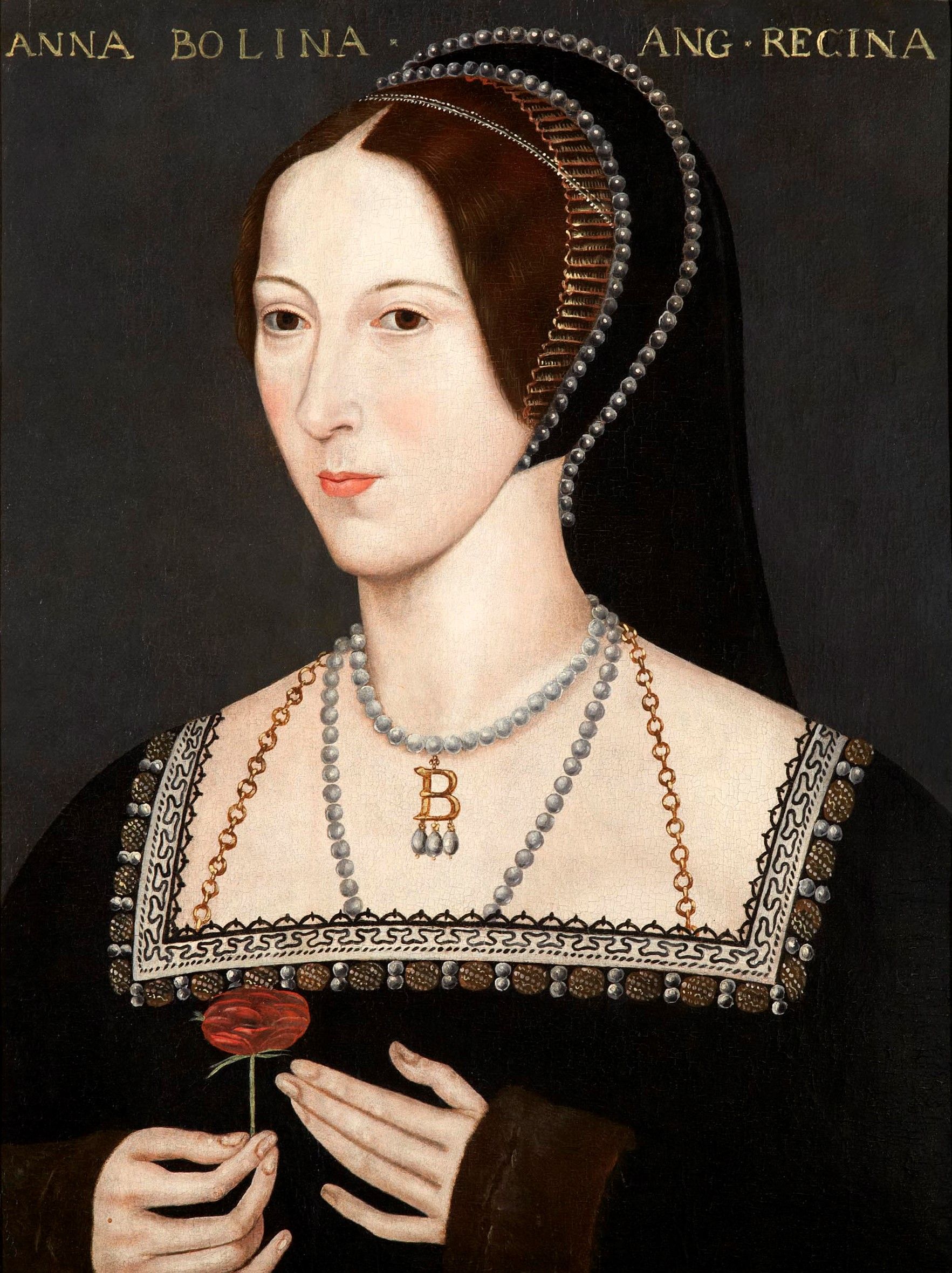 Anne Boleyn, second wife of King Henry VIII wearing her initial necklace, c.1550 Hever Castle.