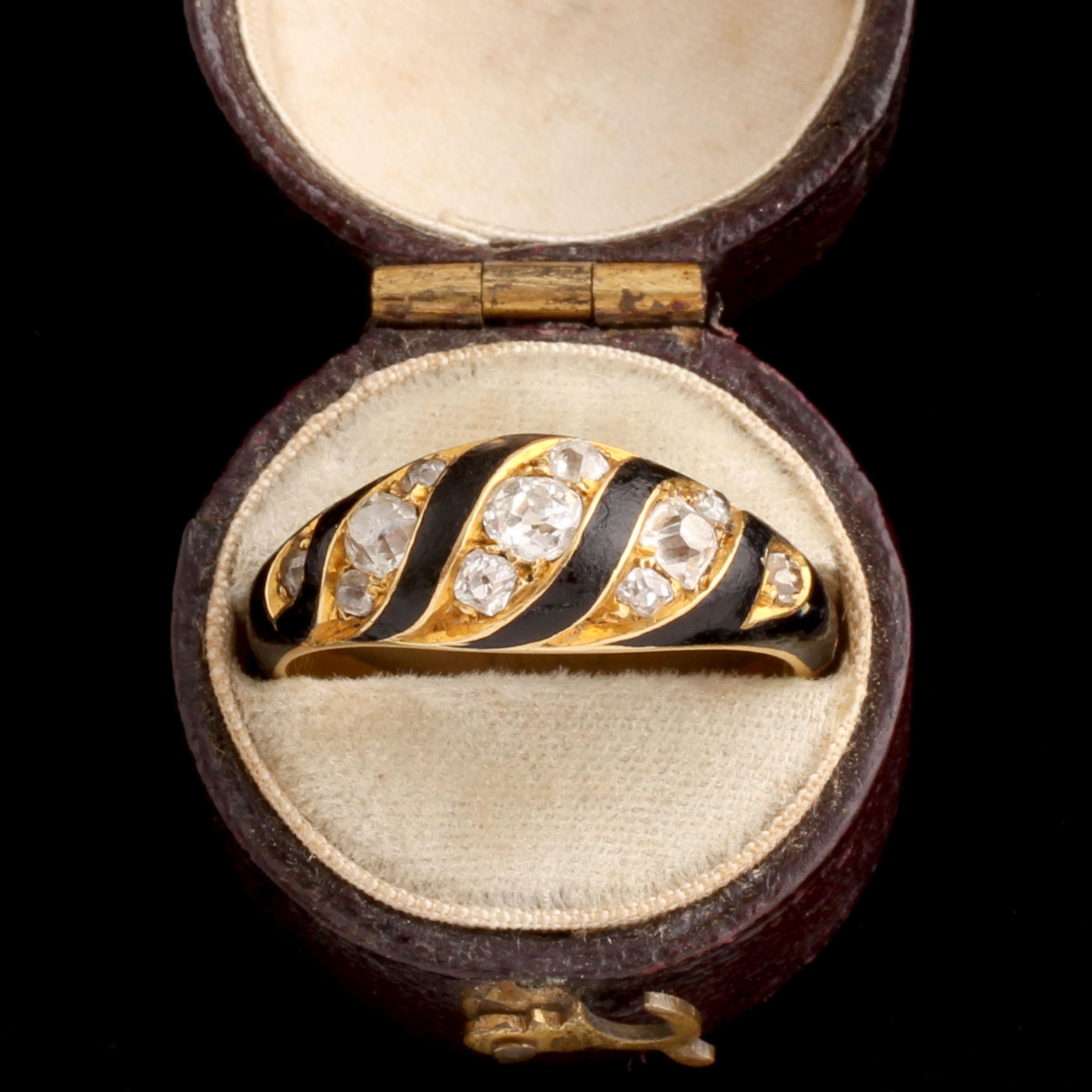 Victorian Diamond & Enamel Ribbon Mourning Ring