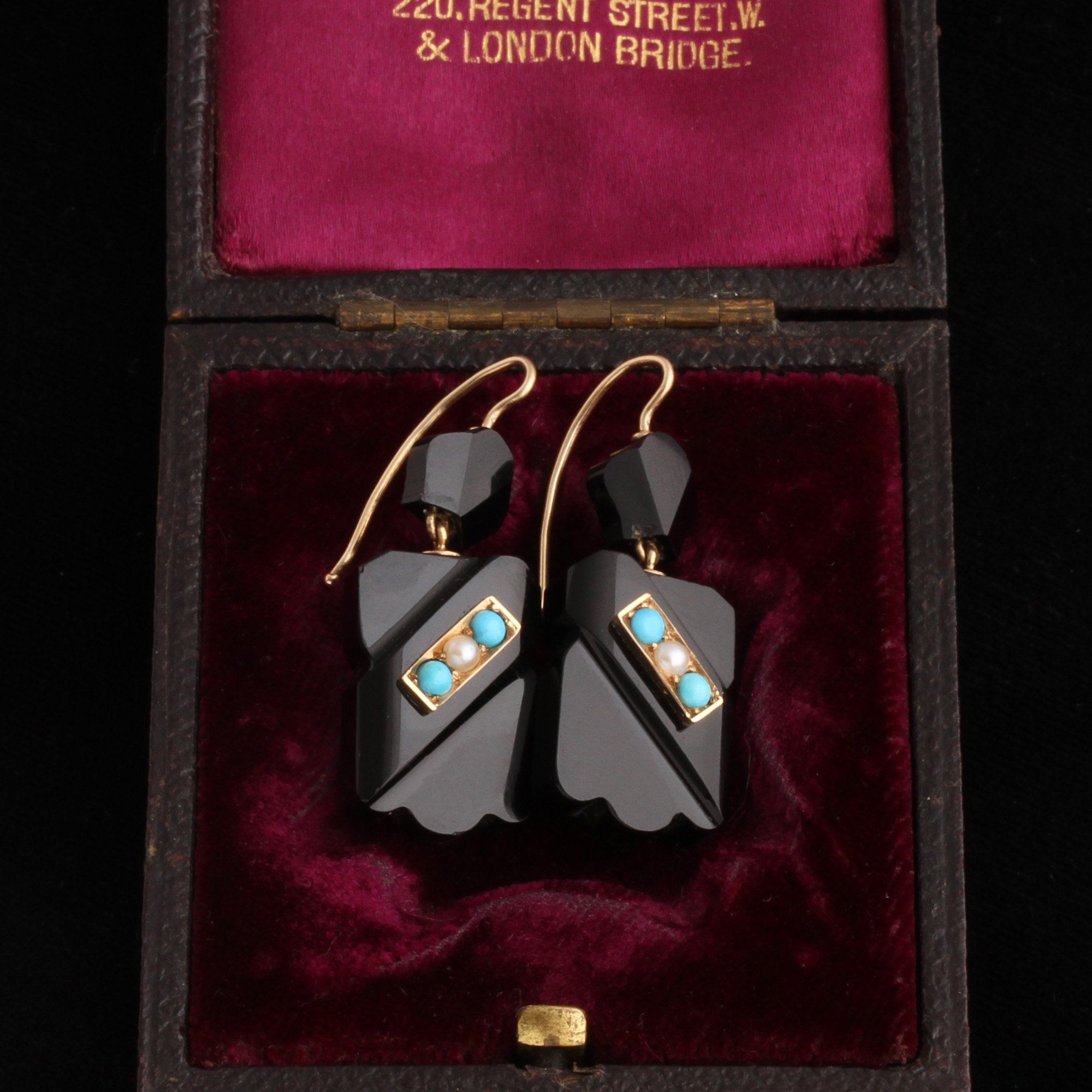 Victorian Onyx, Turquoise & Pearl Earrings