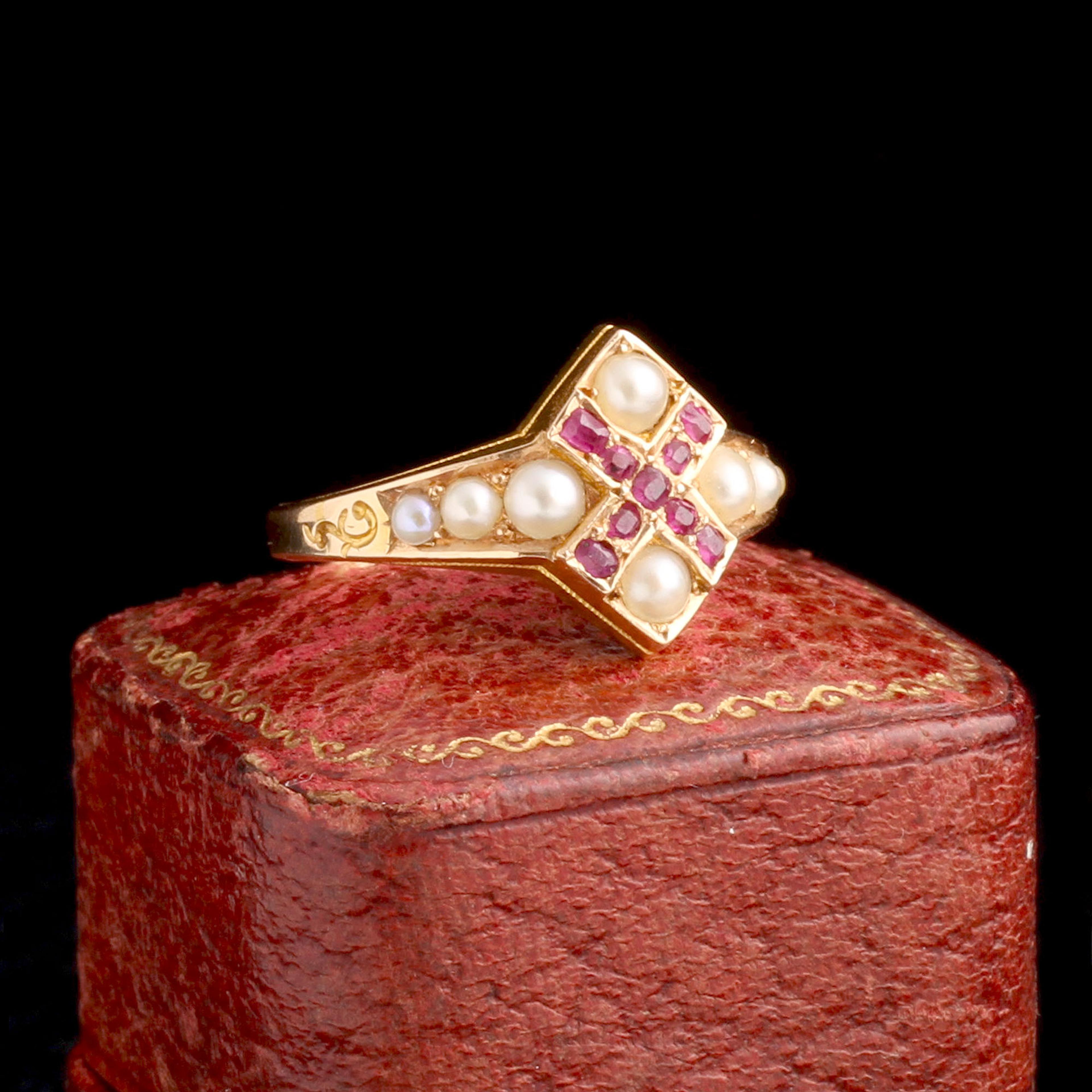 Detail of Victorian Pearl & Ruby "X" Ring