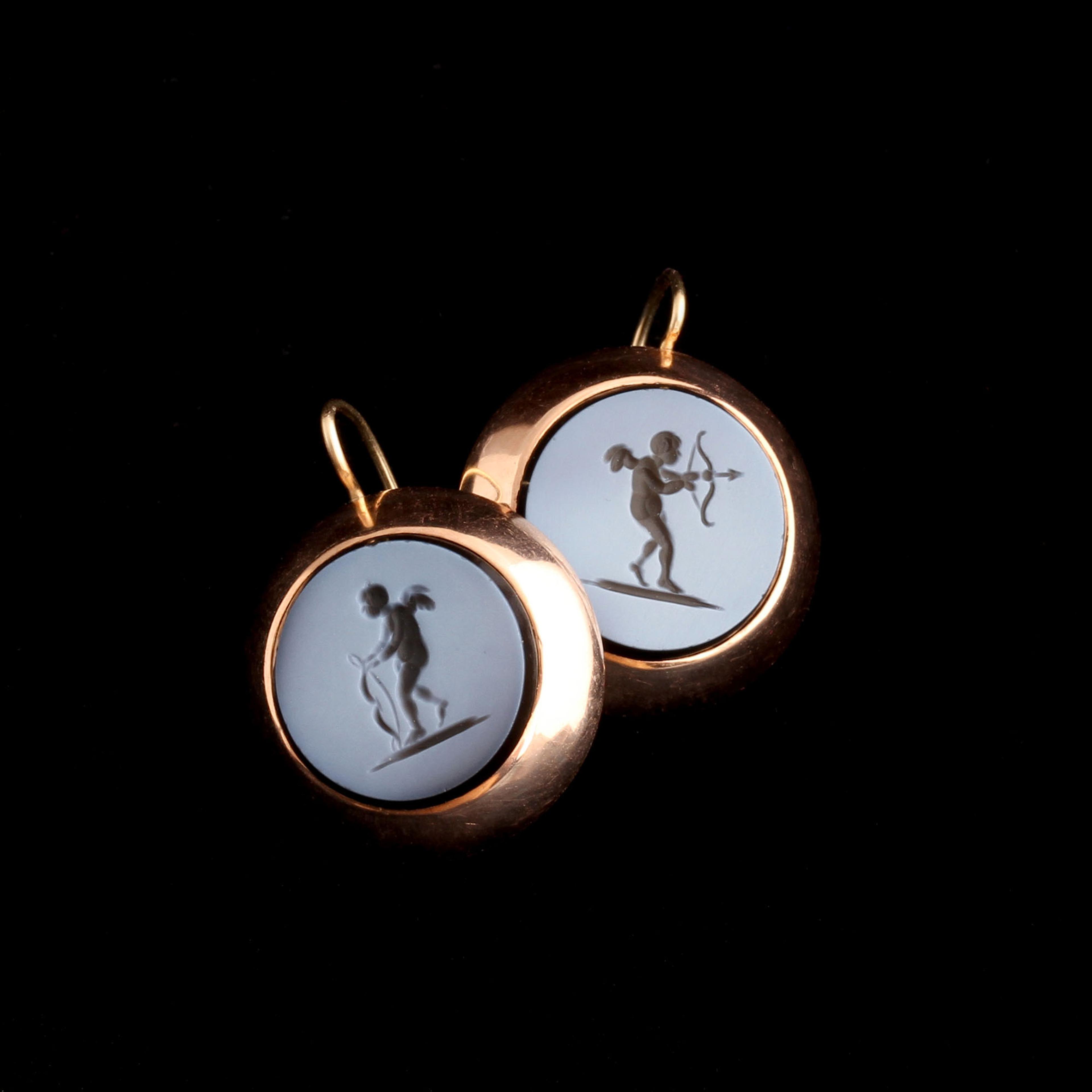 Victorian Nicolo Onyx Cupid Intaglio Earrings
