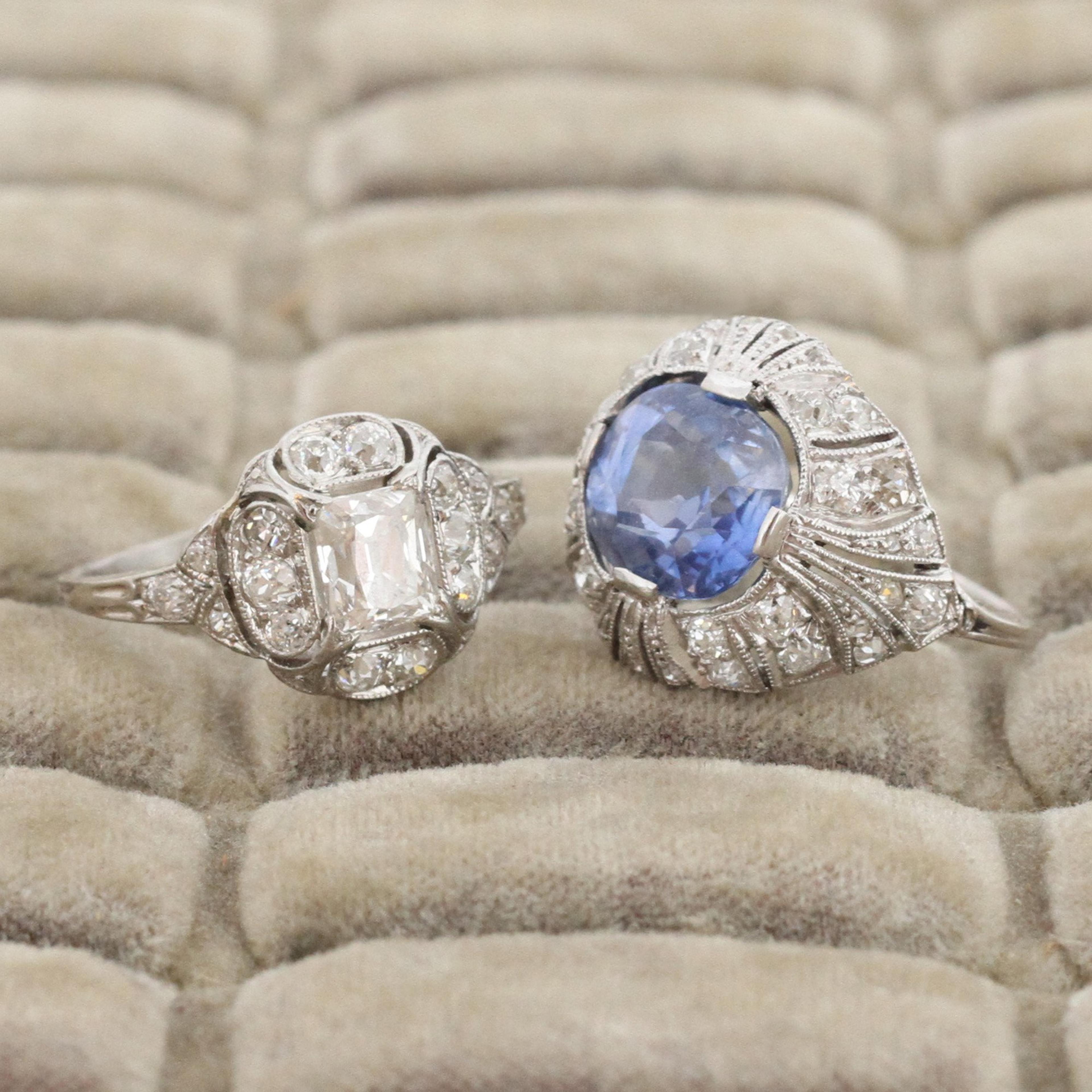 Detail of Edwardian 4.25ct Ceylon Sapphire and Diamond Ring and another ring