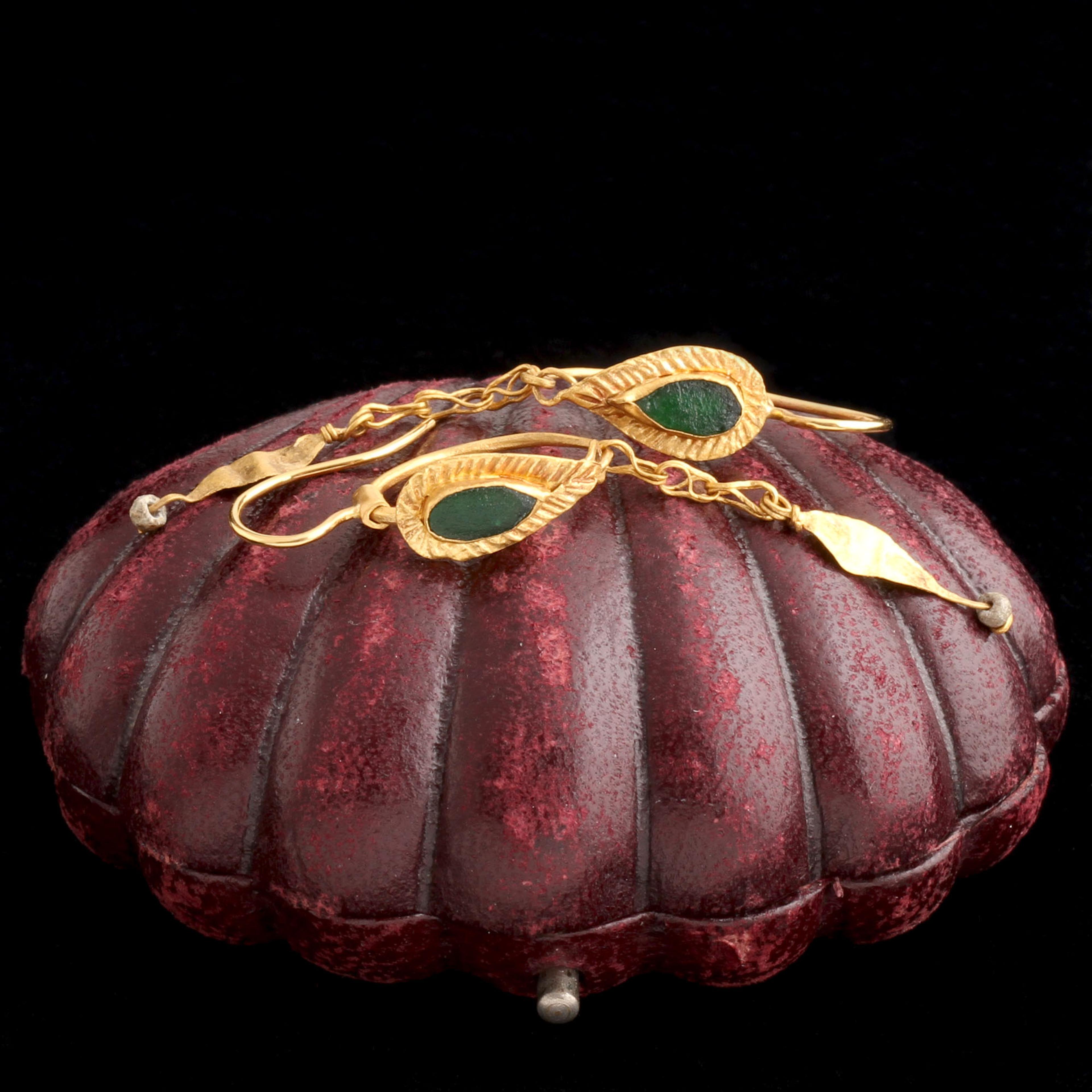 Ancient Roman Gold & Glass Leaf Motif Earrings