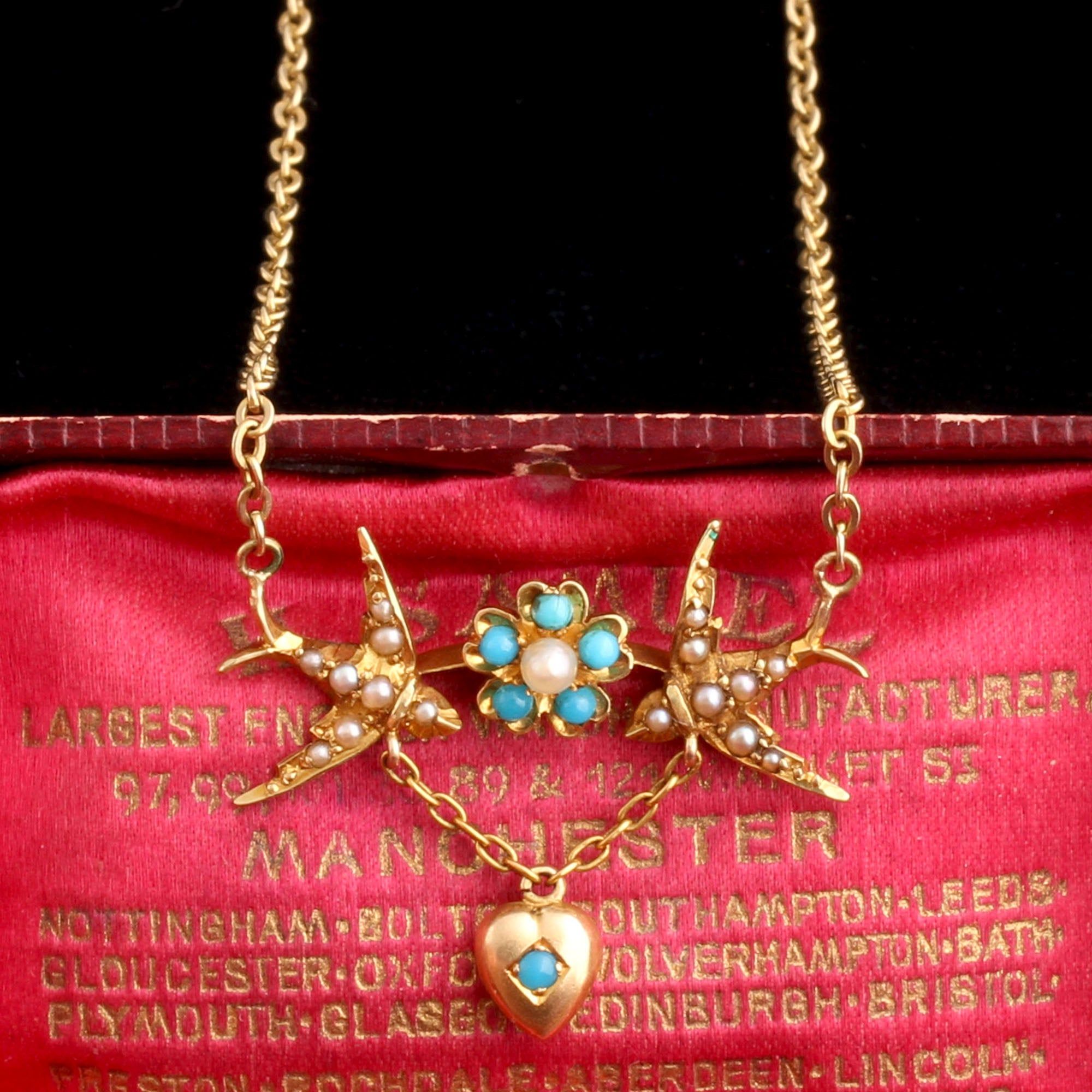 Late Victorian Swallow, Flower & Heart Necklace