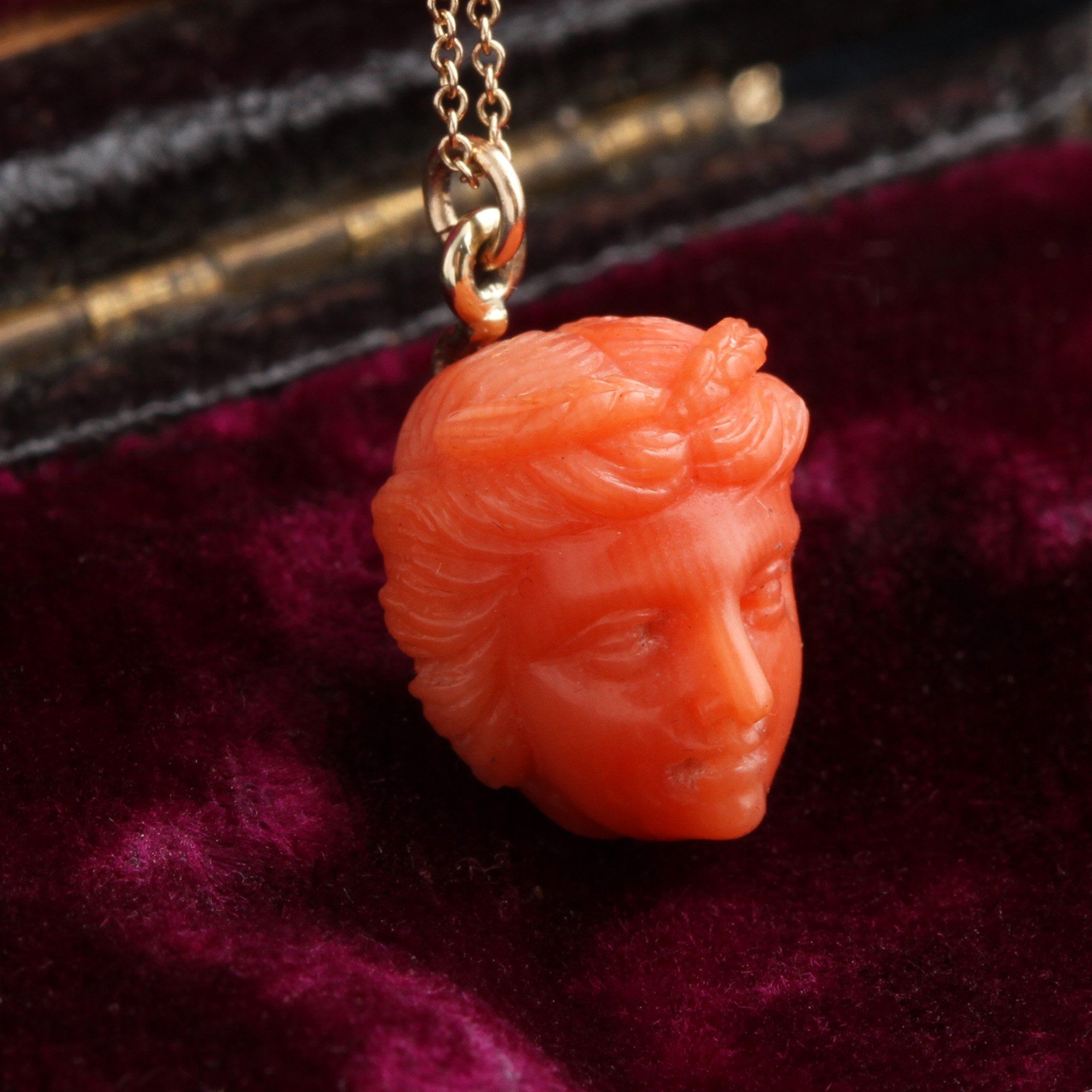 Victorian Miniature Carved Coral Head of Demeter Necklace
