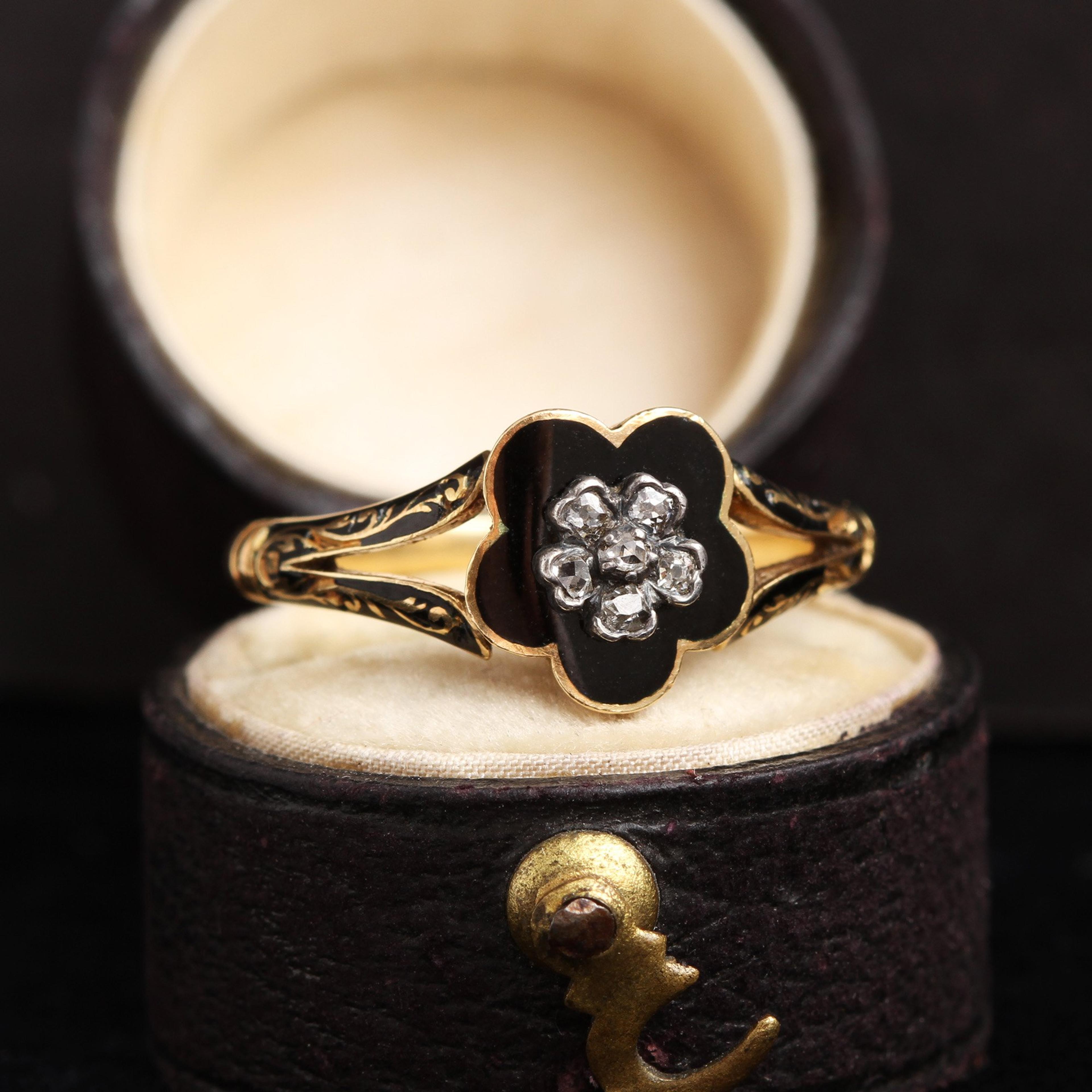 Face detail of Early Victorian Diamond and Enamel Pansy Mourning Ring