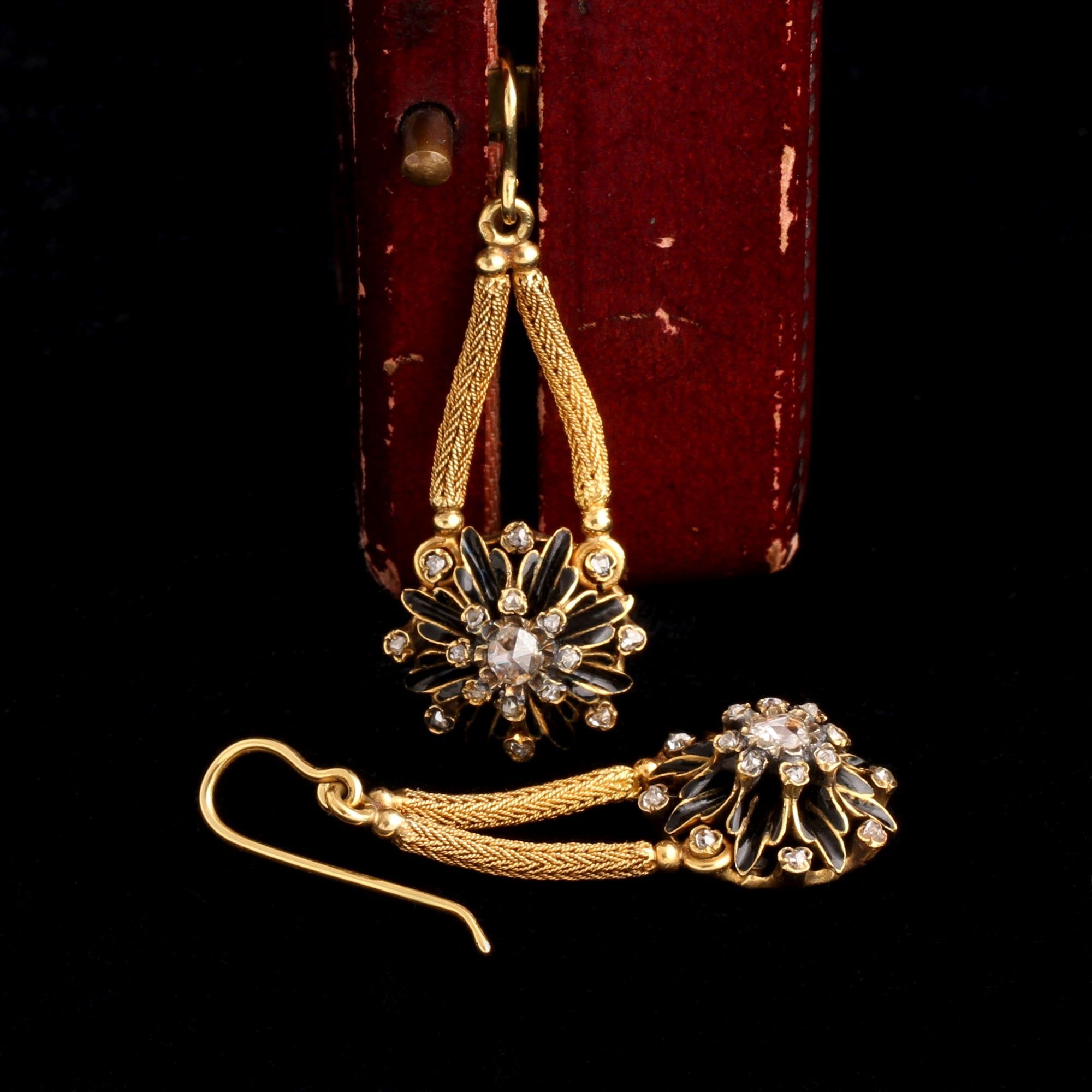 Mid 19th Century French Enamel & Diamond Dahlia Drop Earrings