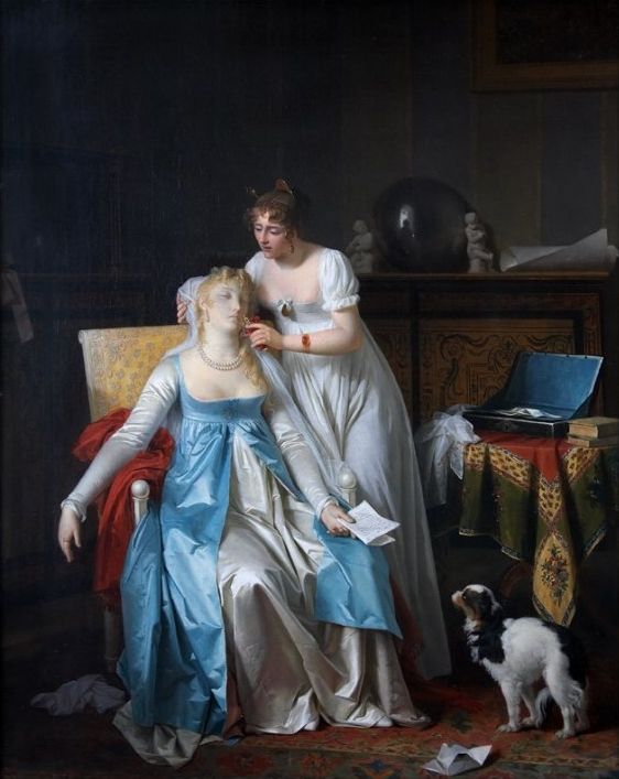 A fainting woman is revived with smelling salts or other sharp scent. "La Mauvaise Nouvelle," Gérard, Marguerite, 1804.