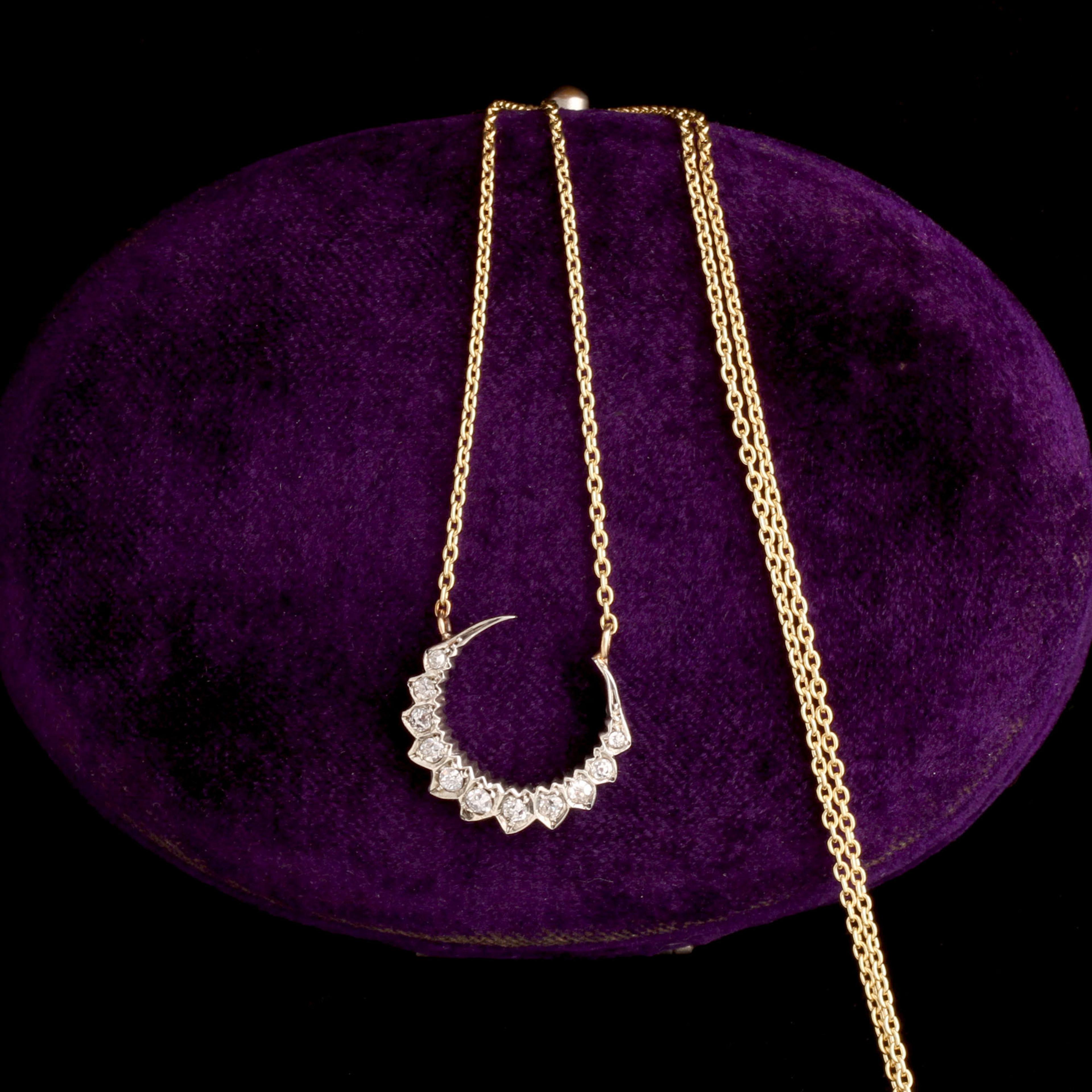 Victorian Old Cut Diamond Crescent Moon Necklace