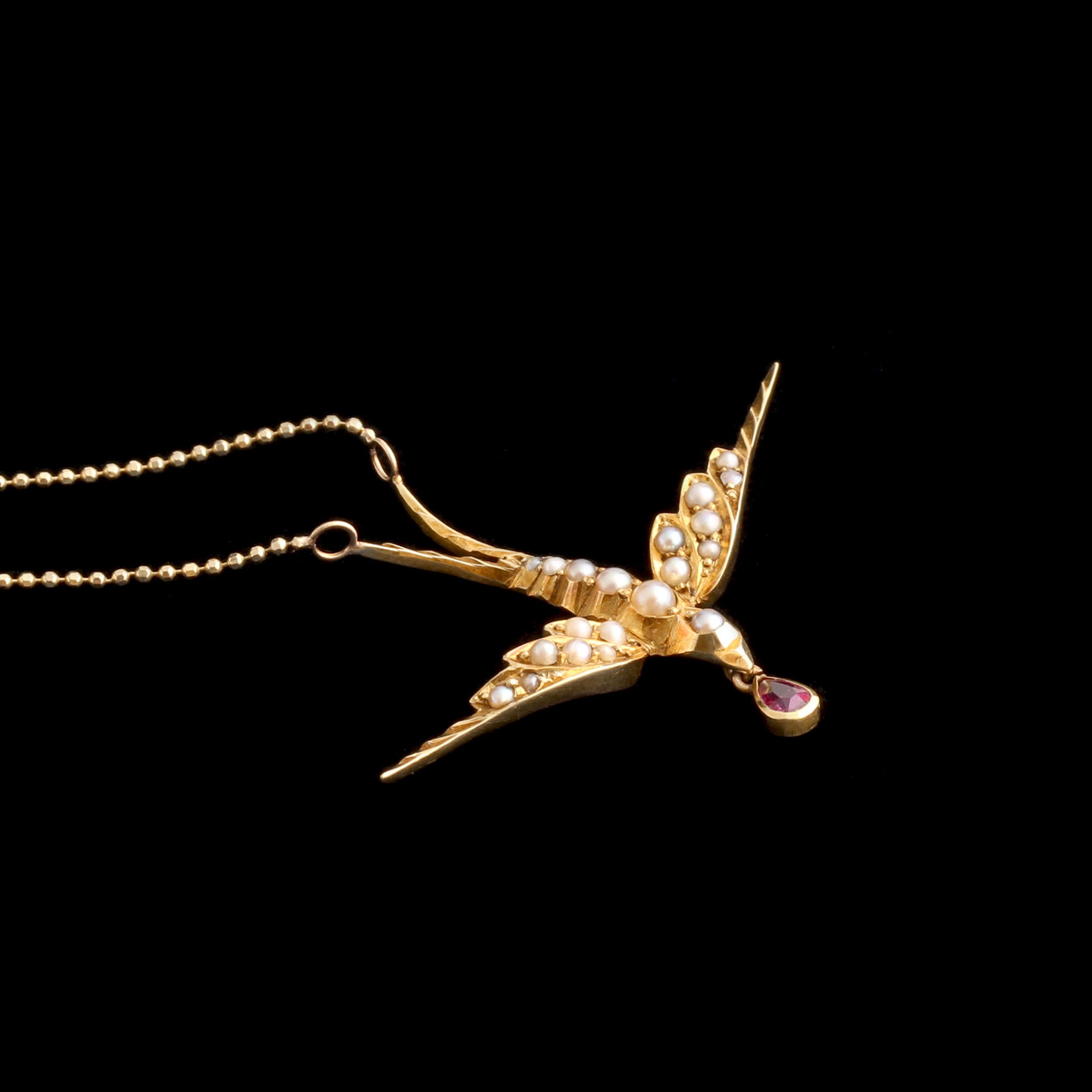 Edwardian Pink Topaz & Seed Pearl Swallow Necklace
