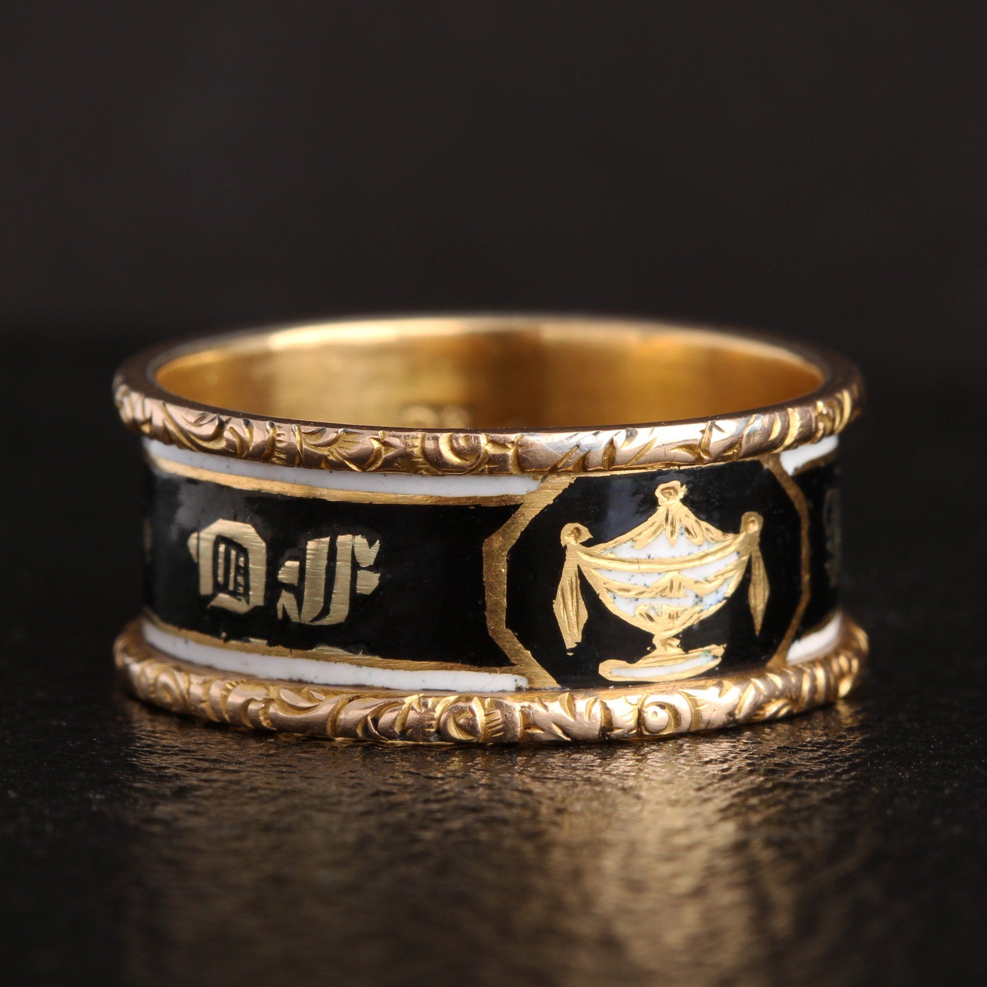 Mid Victorian Enamel Urn Mourning Ring