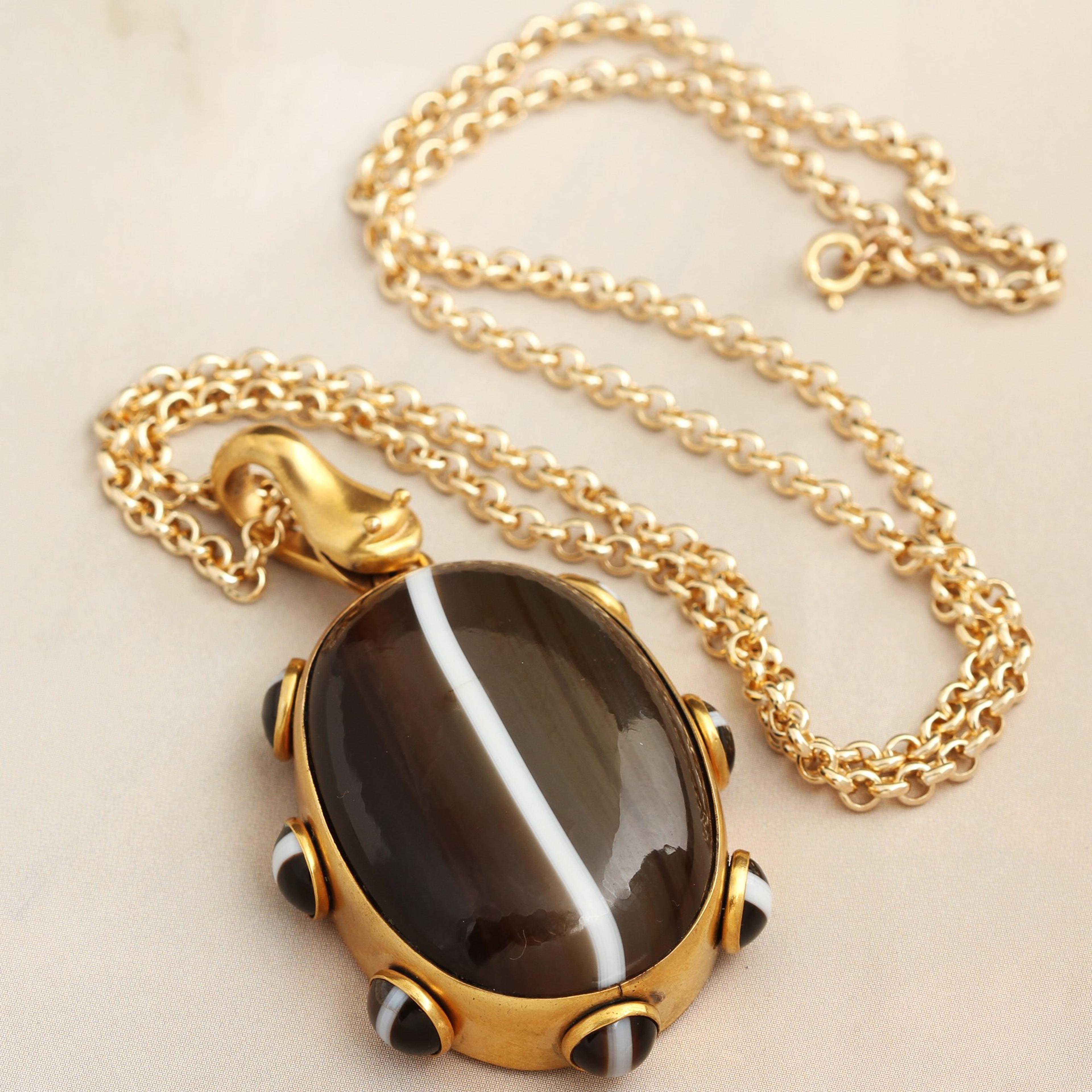 Mid Victorian Banded Agate Locket with Serpent Bale