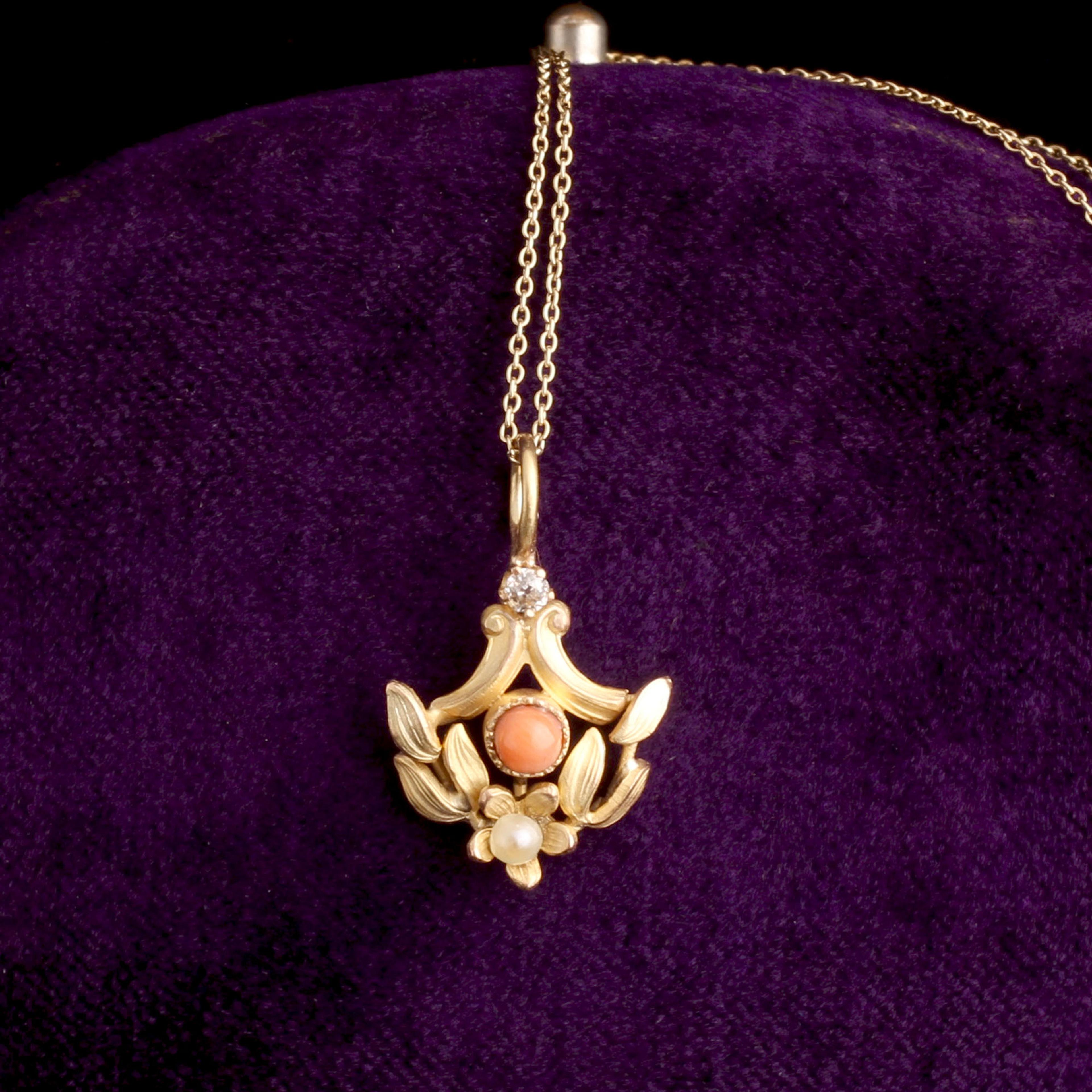 Art Nouveau Coral, Pearl & Diamond Flower Necklace