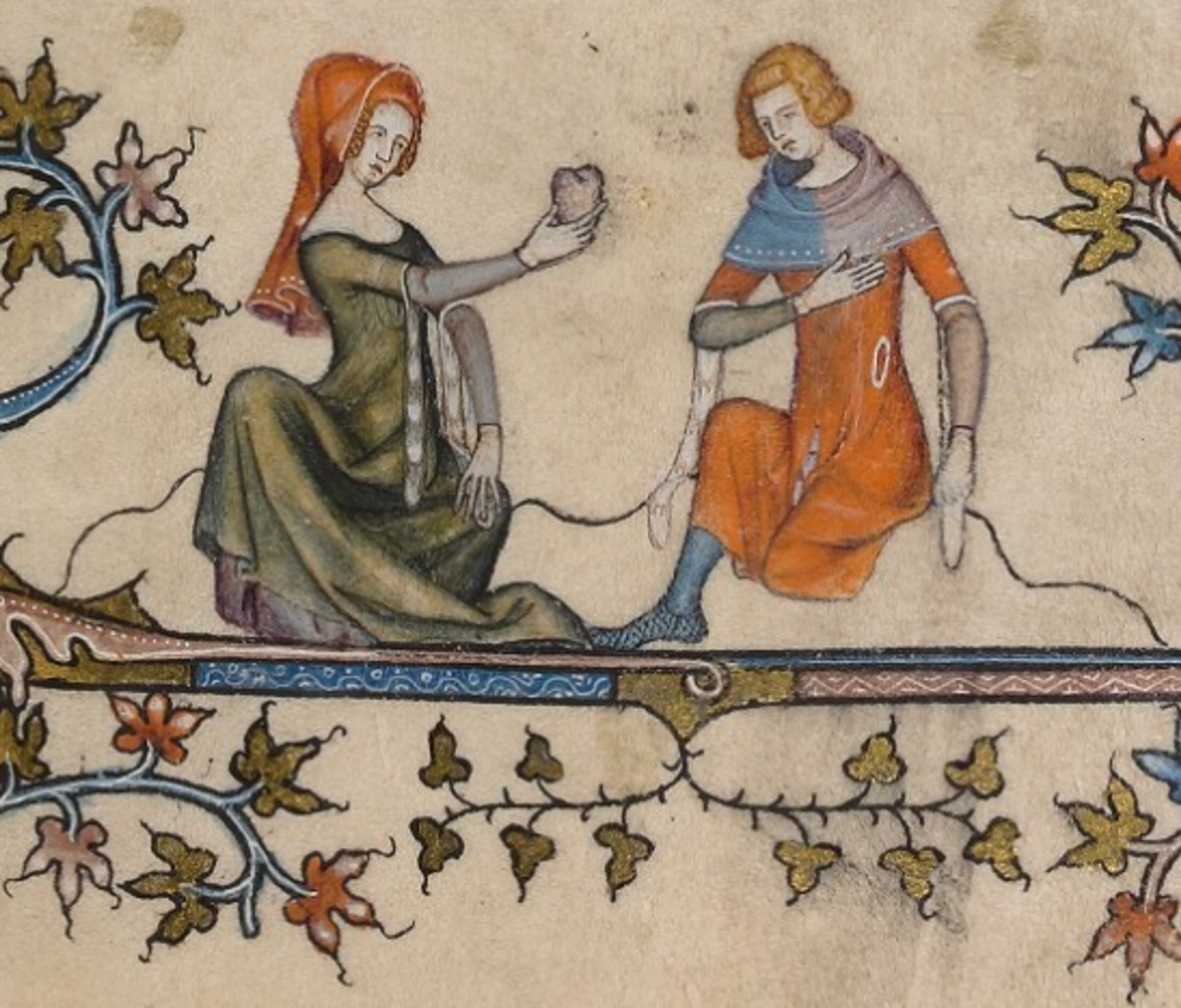 Thought to be the earliest image of the heart icon. From the illuminated manuscript "Romance of Alexander" by Jehan de Grise & workshop, 1338 - 1344, Bodleian Libraries.