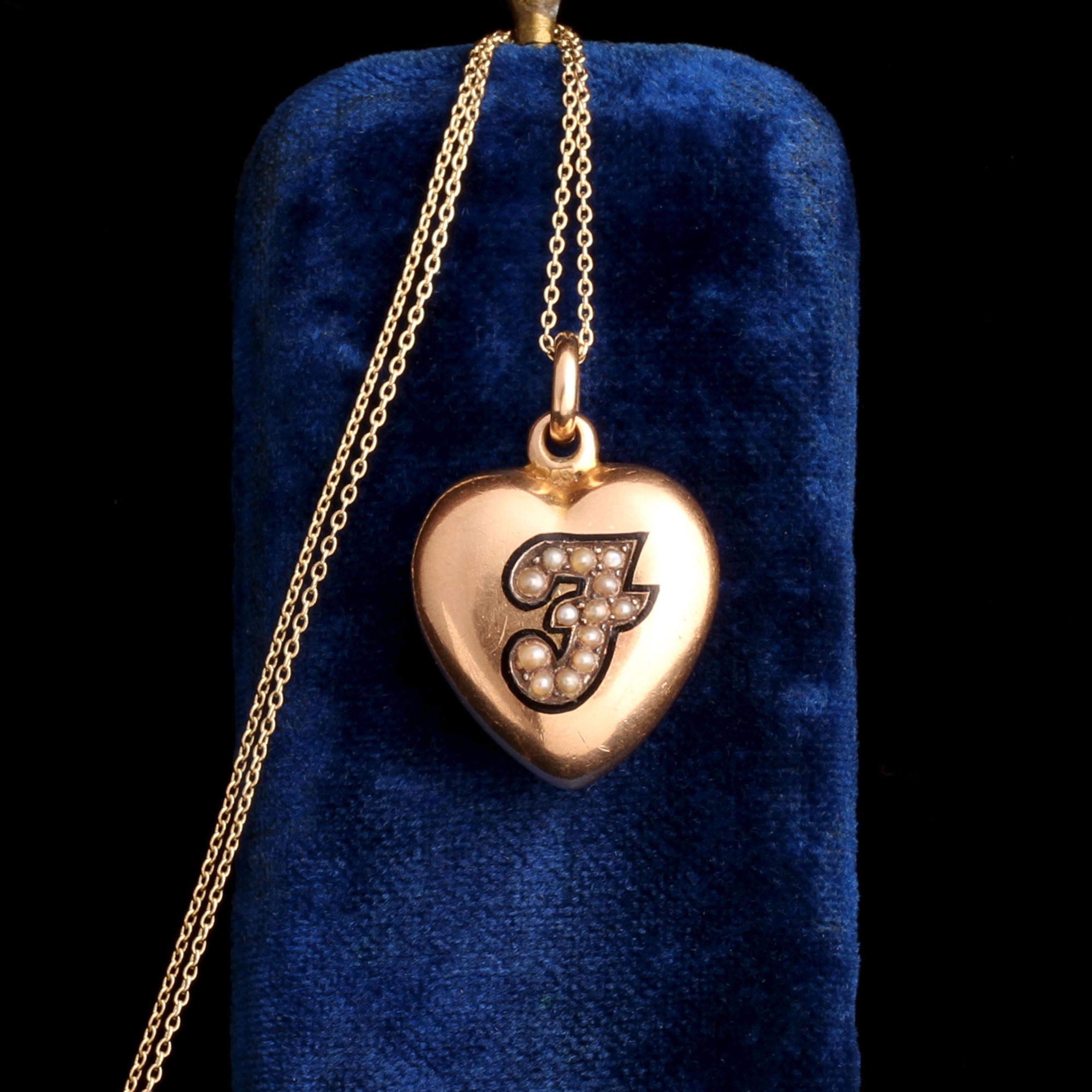 Detail of Late Victorian Seed Pearl & Enamel "F" Heart Mourning Locket