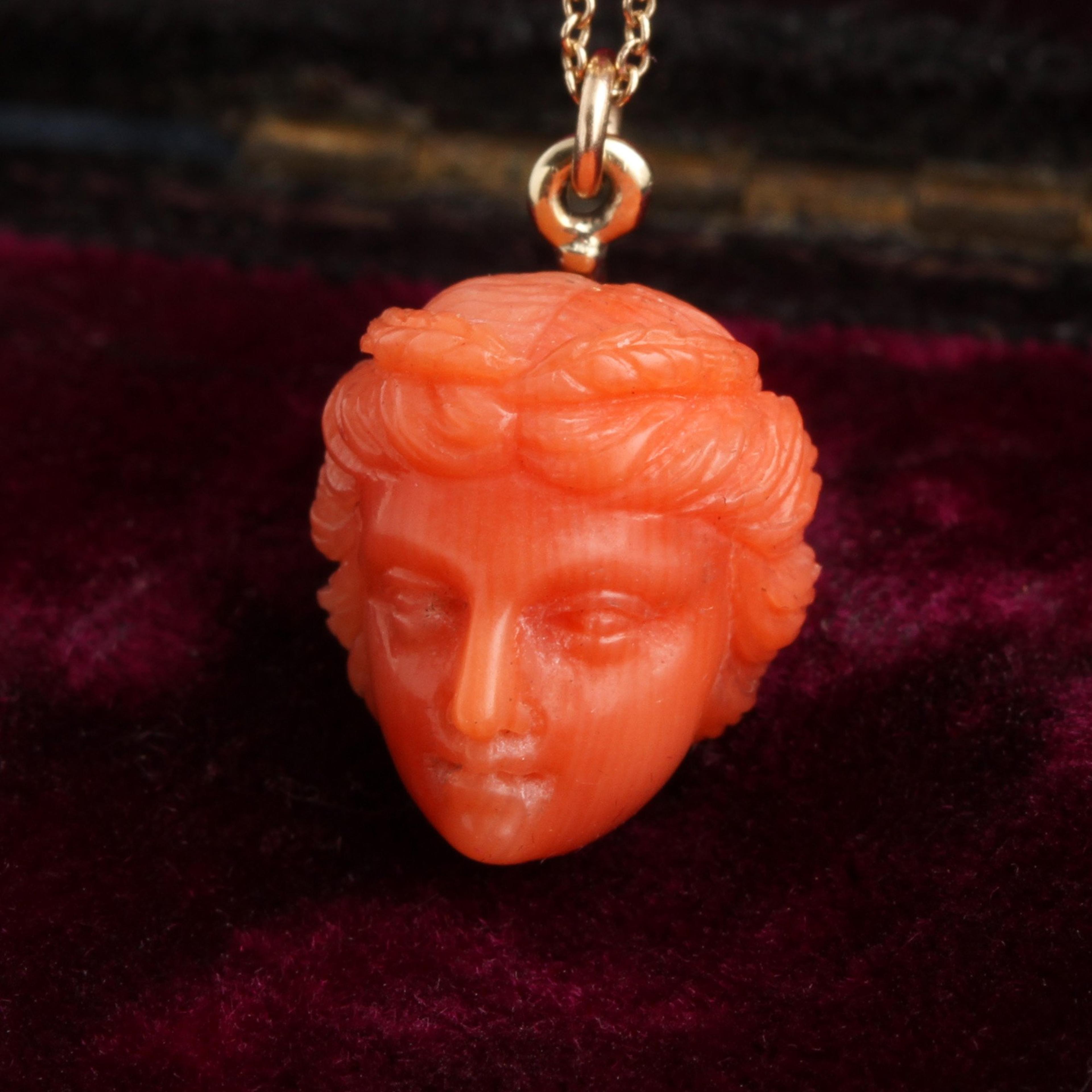 Victorian Miniature Carved Coral Head of Demeter Necklace