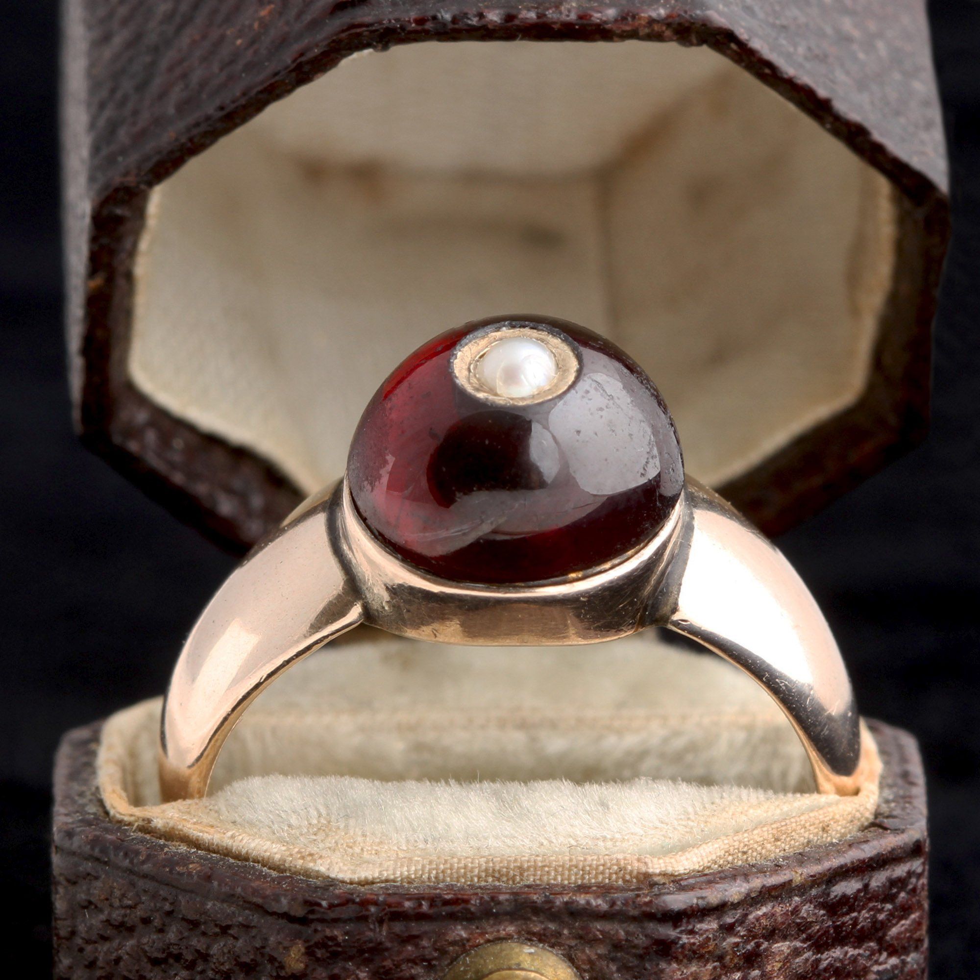 Victorian Garnet Cabochon with Pearl Ring