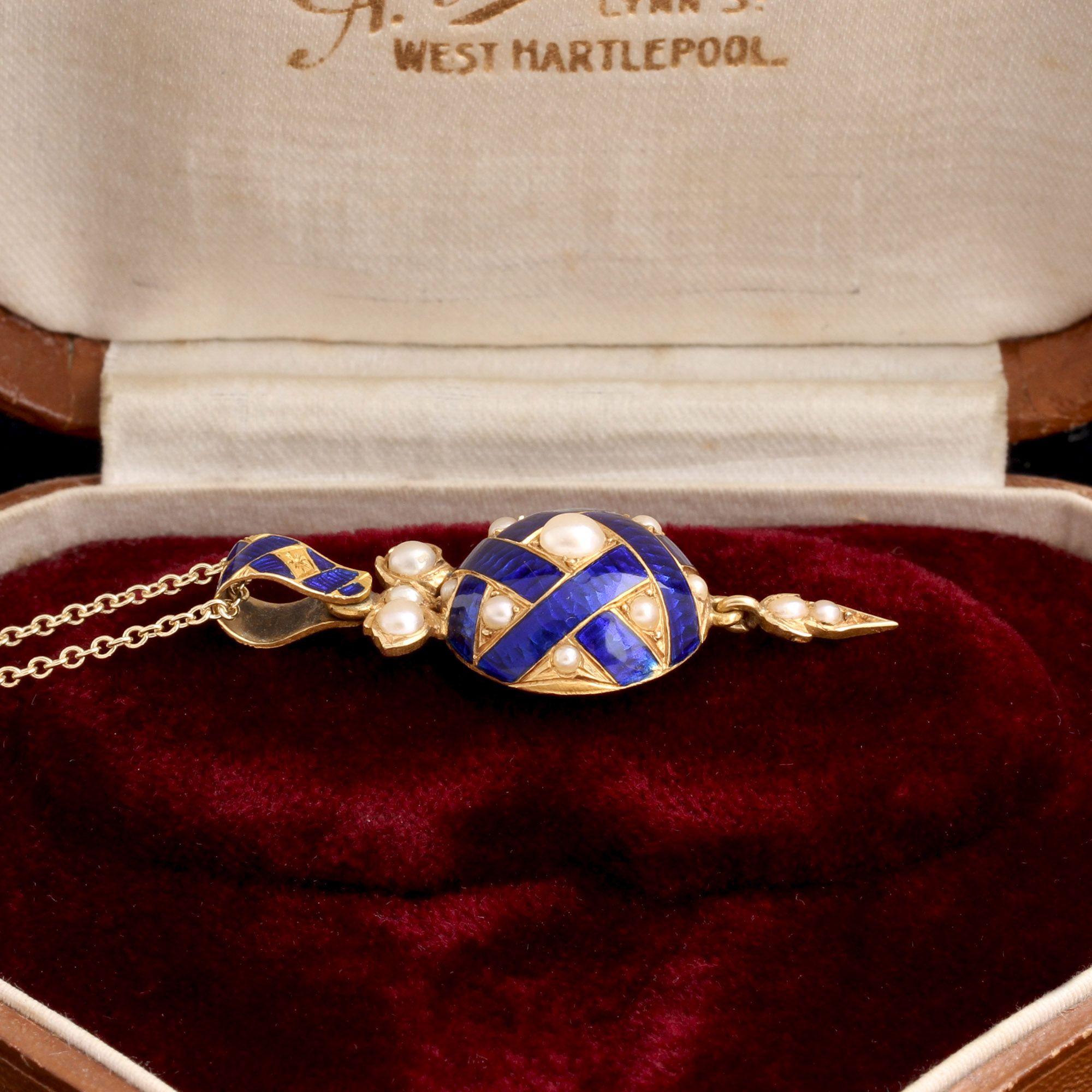 Victorian Pearl & Blue Enamel Ribbon Locket