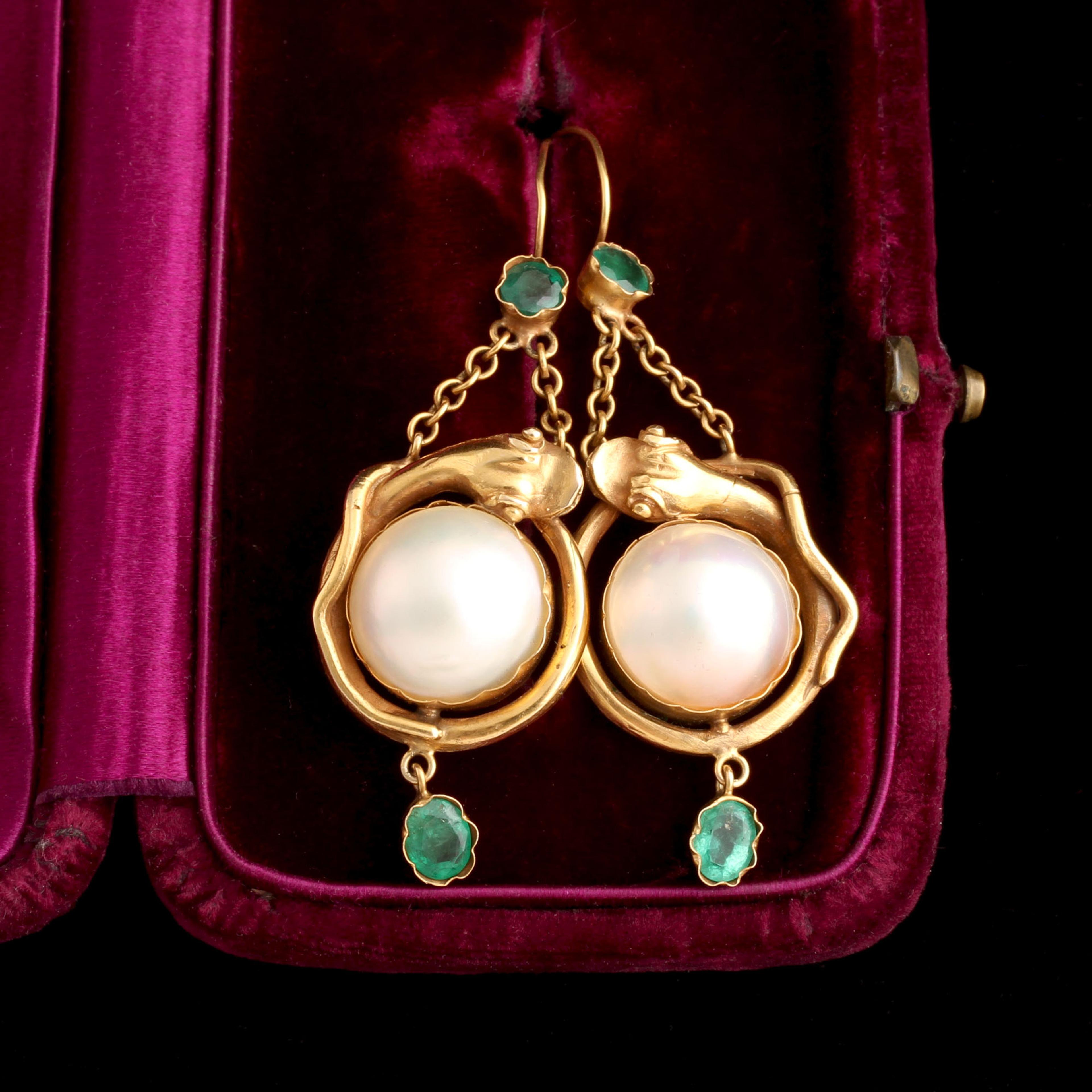 Mid Victorian Emerald & Nacre Snake Earrings