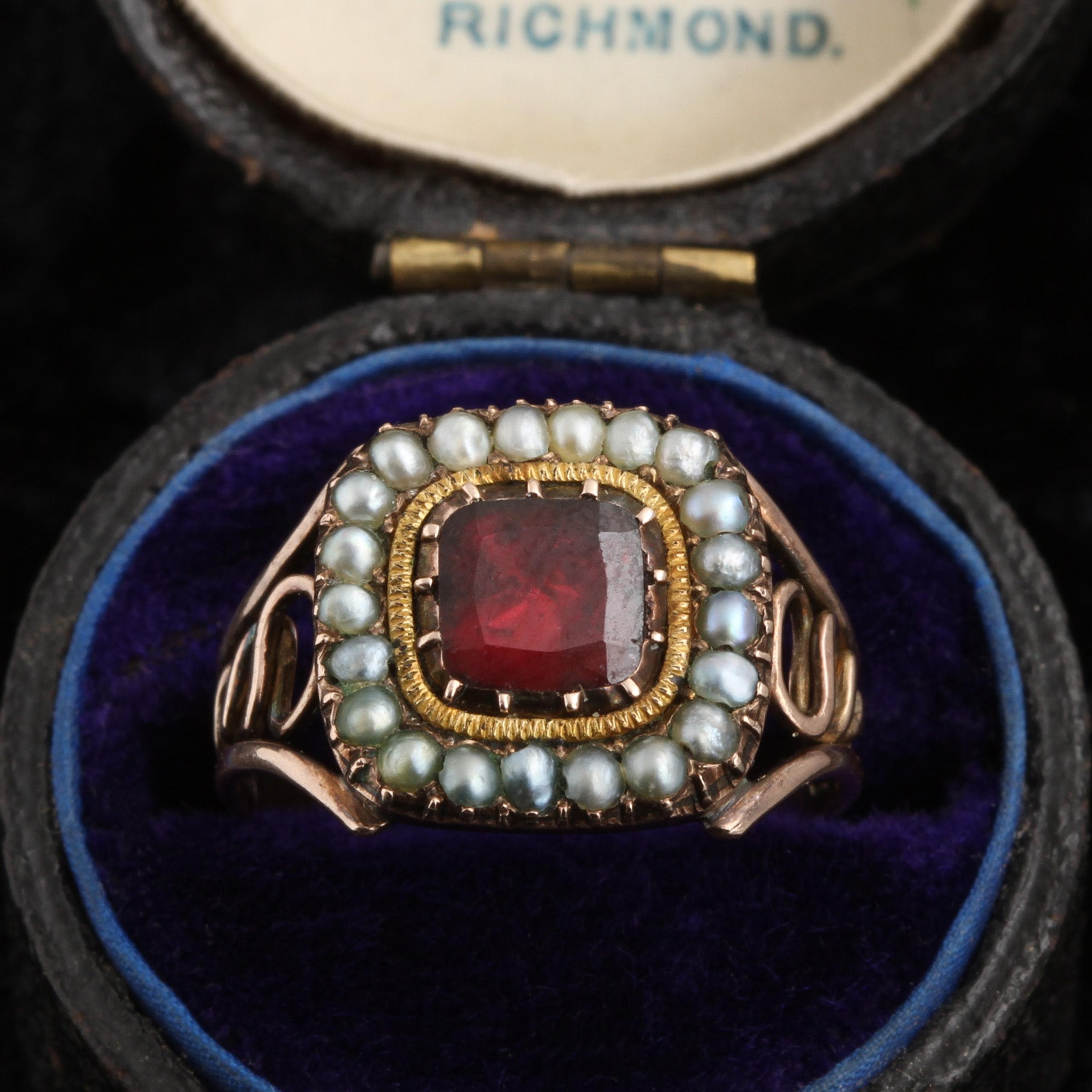 Georgian Garnet & Pearl Square Cluster Ring