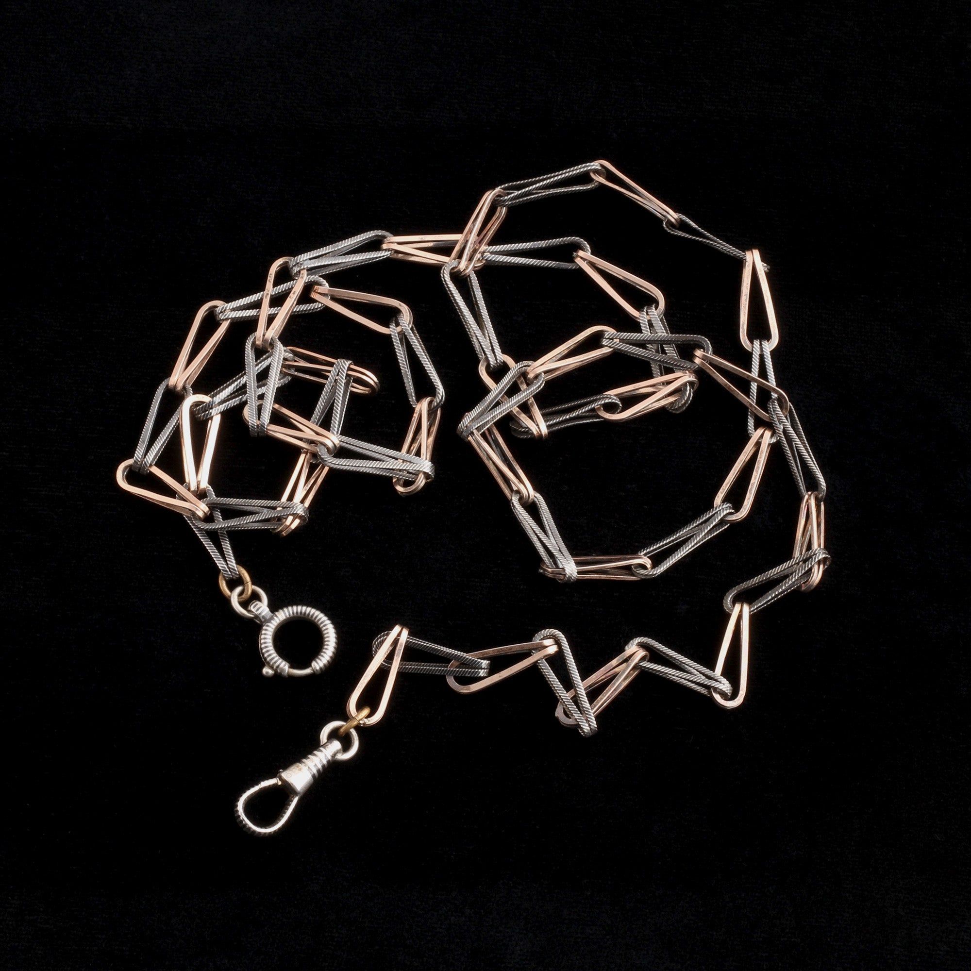 Victorian Niello Silver & Gold Teardrop Link Chain