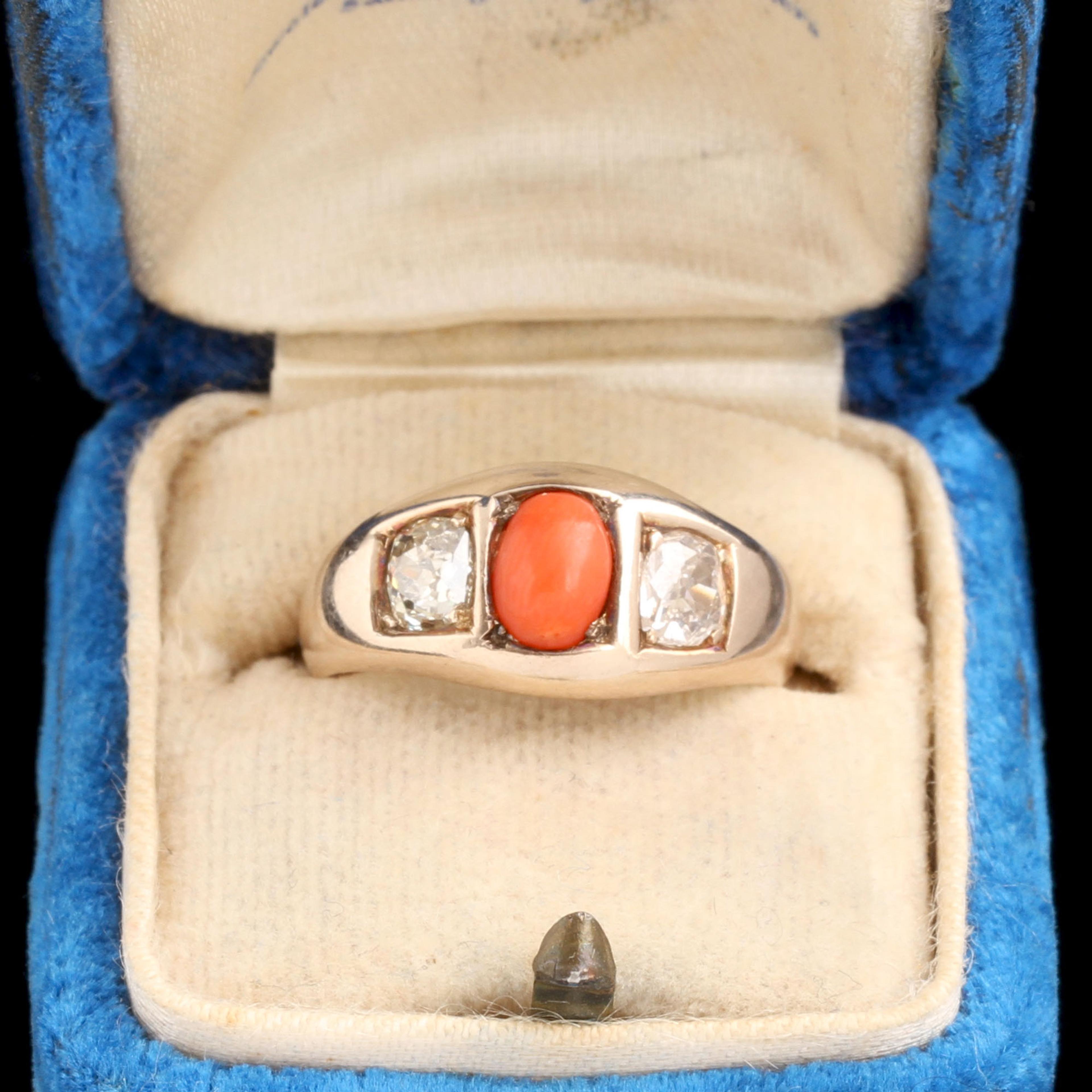Victorian Coral & Diamond Three Stone Ring