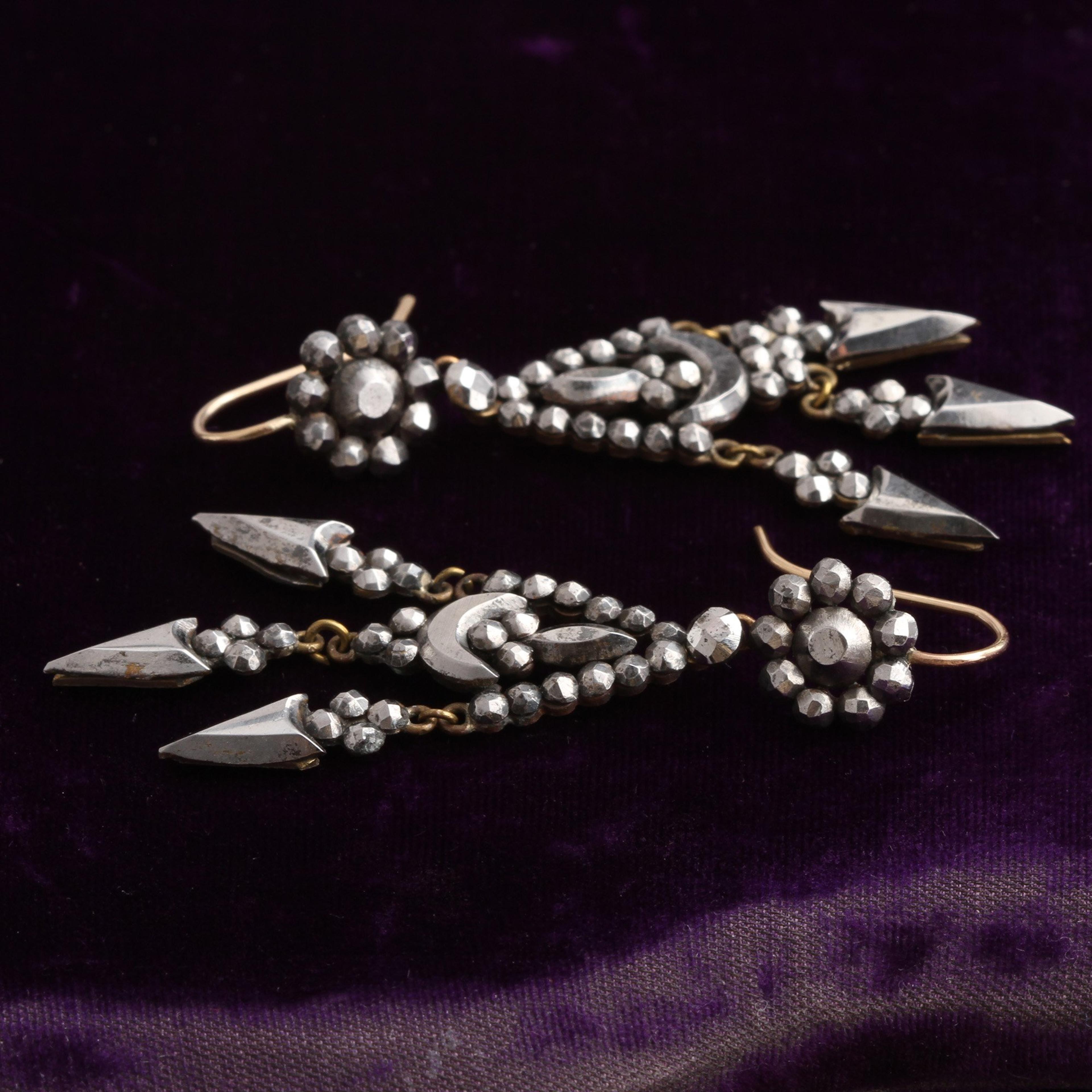 Georgian Crescent and Cluster Cut Steel Earrings