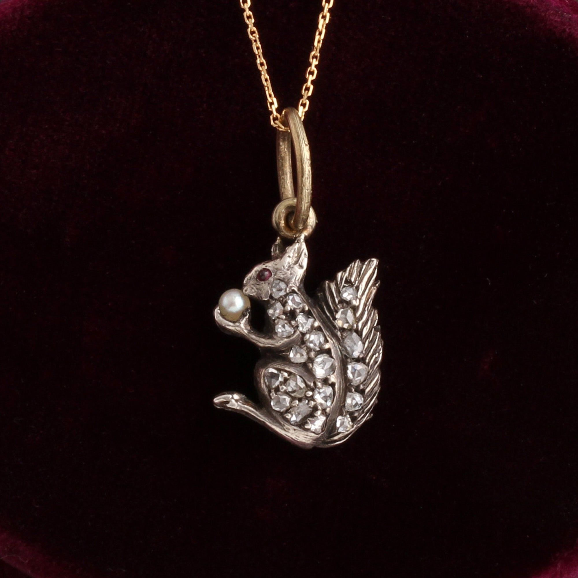 Victorian Diamond, Ruby & Pearl Squirrel Charm