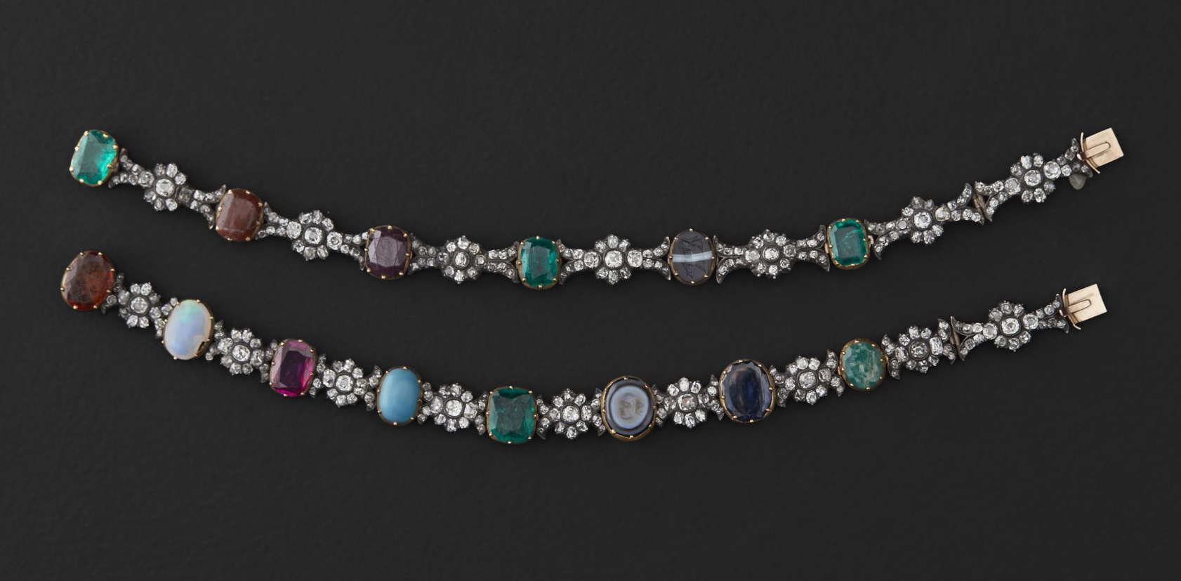 Empress Josephine’s acrostic bracelets given to her by Napoleon. The top spells, Eugéne and the bottom, Hortense. Danish Royal Property Trust. 