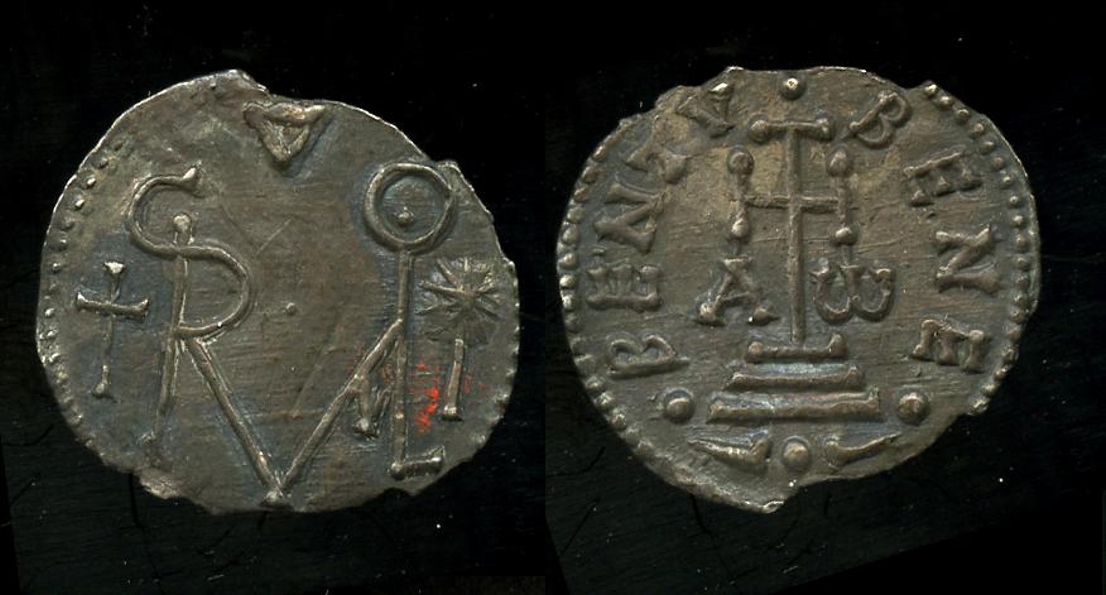 Two sides of a coin: on the left is the monogram of Charlemagne and right, the monogram of Grimoald III after his territory in was conquered by Charlemagne’s army, 792-806, The British Museum.