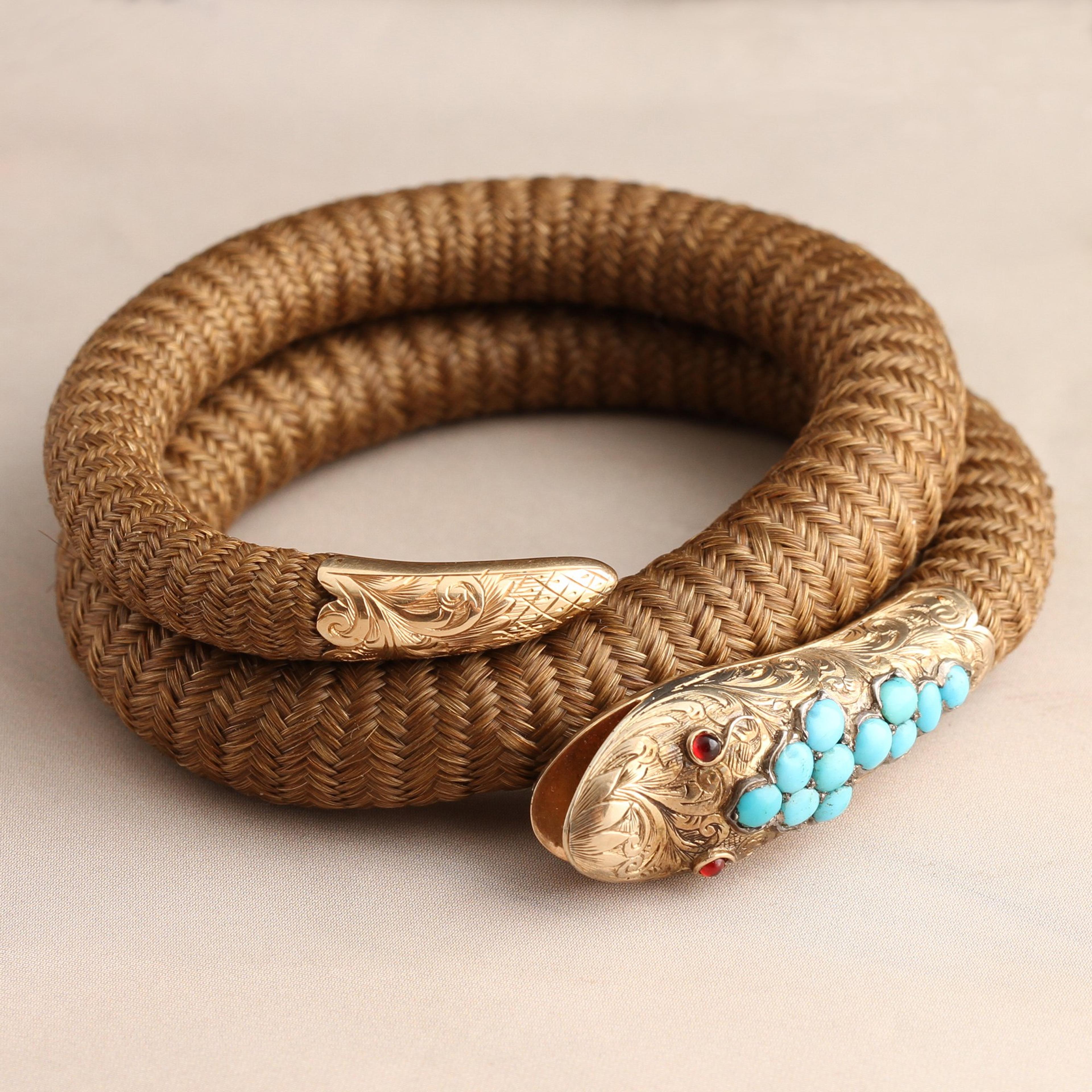 Detail of Victorian Coiled Serpent Hair Bangle with Garnets and Turquoise