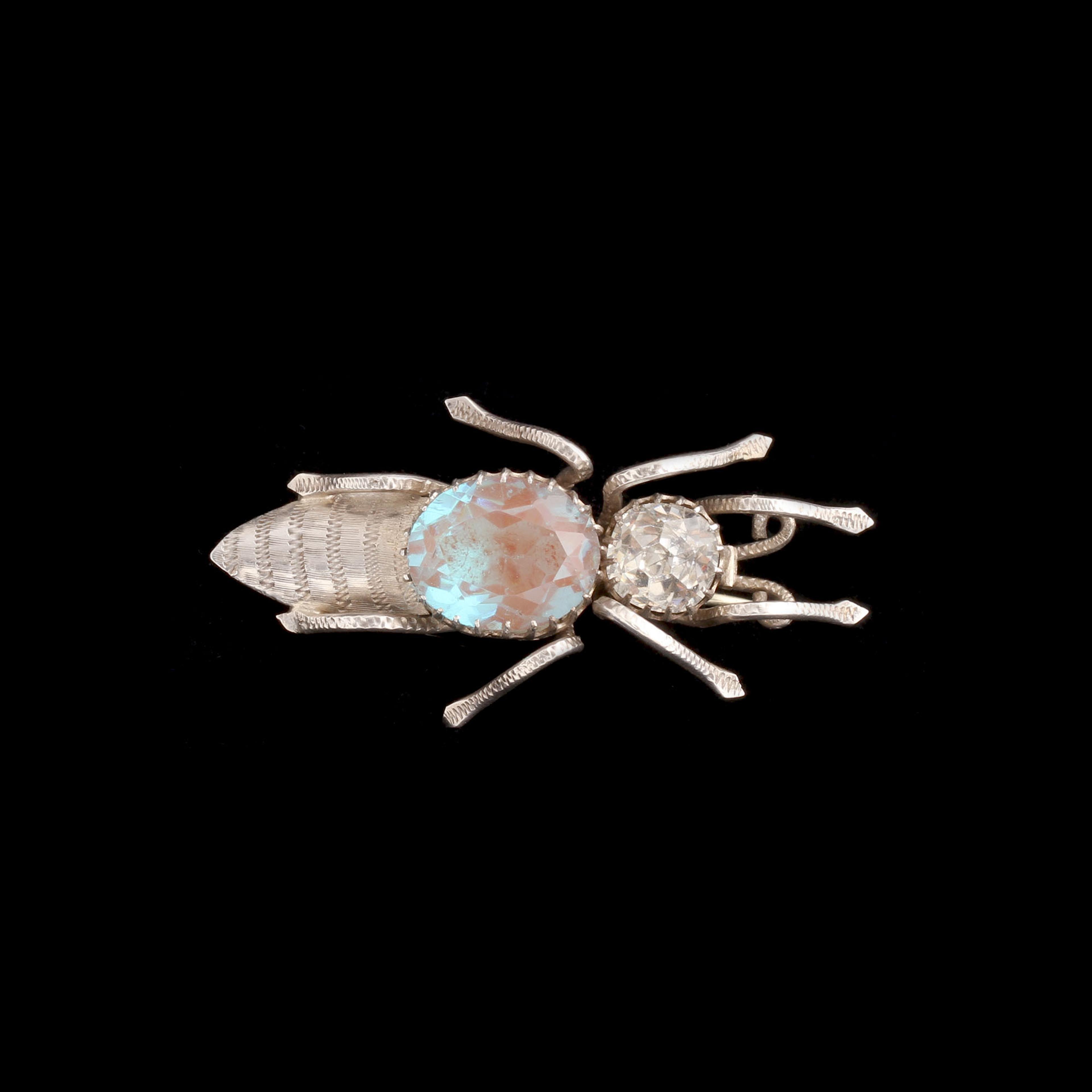 Late Victorian Saphiret & White Paste Silver Beetle Brooch
