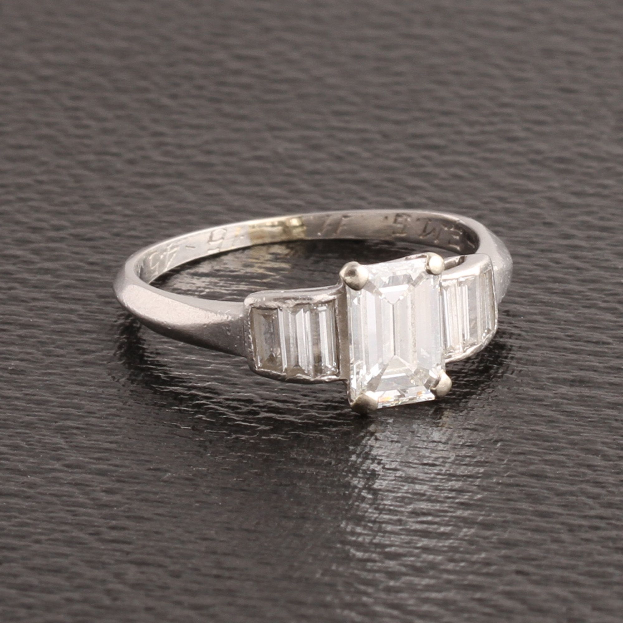1940s 1ct Emerald Cut Engagement Ring with Baguette Diamond Shoulders