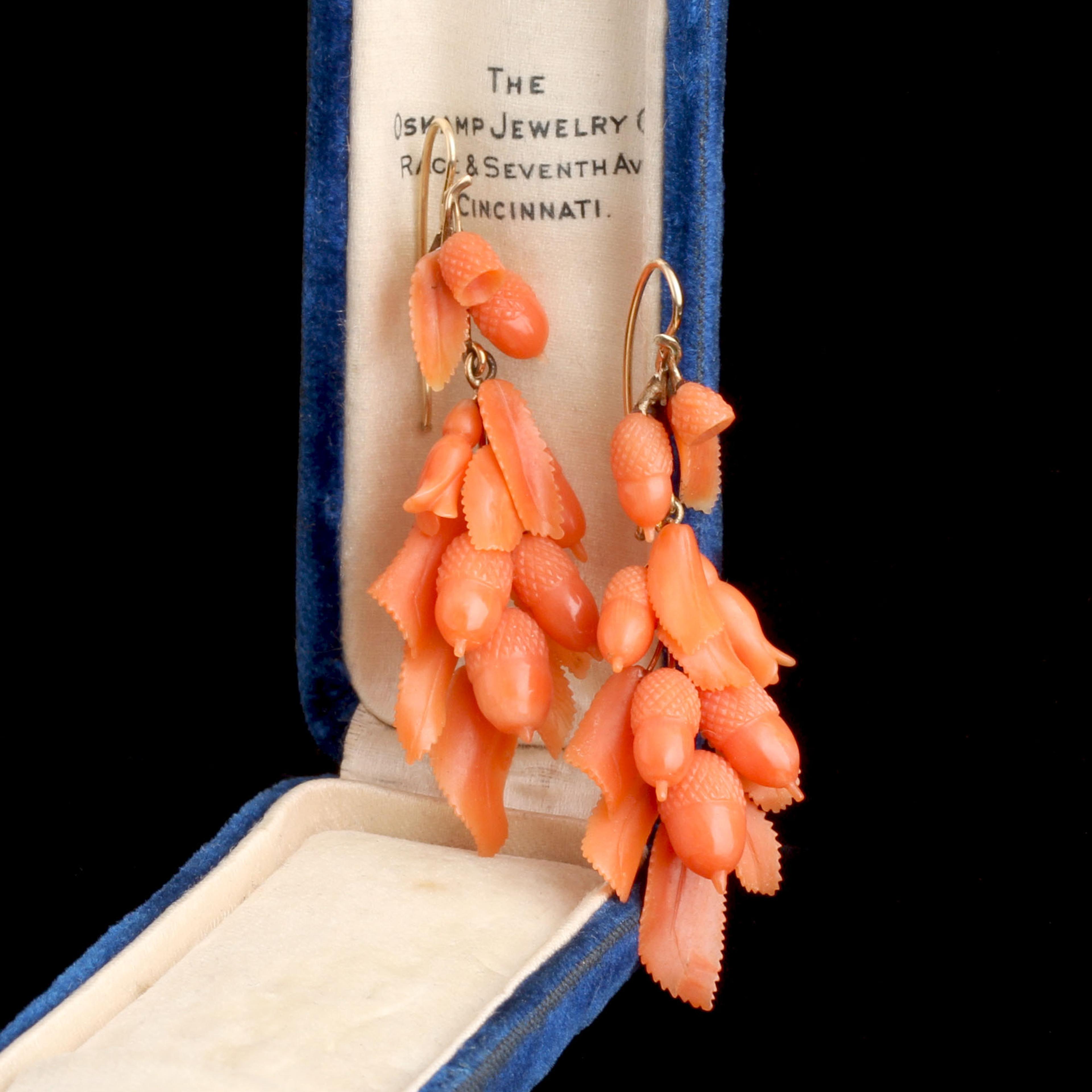 Grand Tour Carved Coral Acorn Drop Earrings