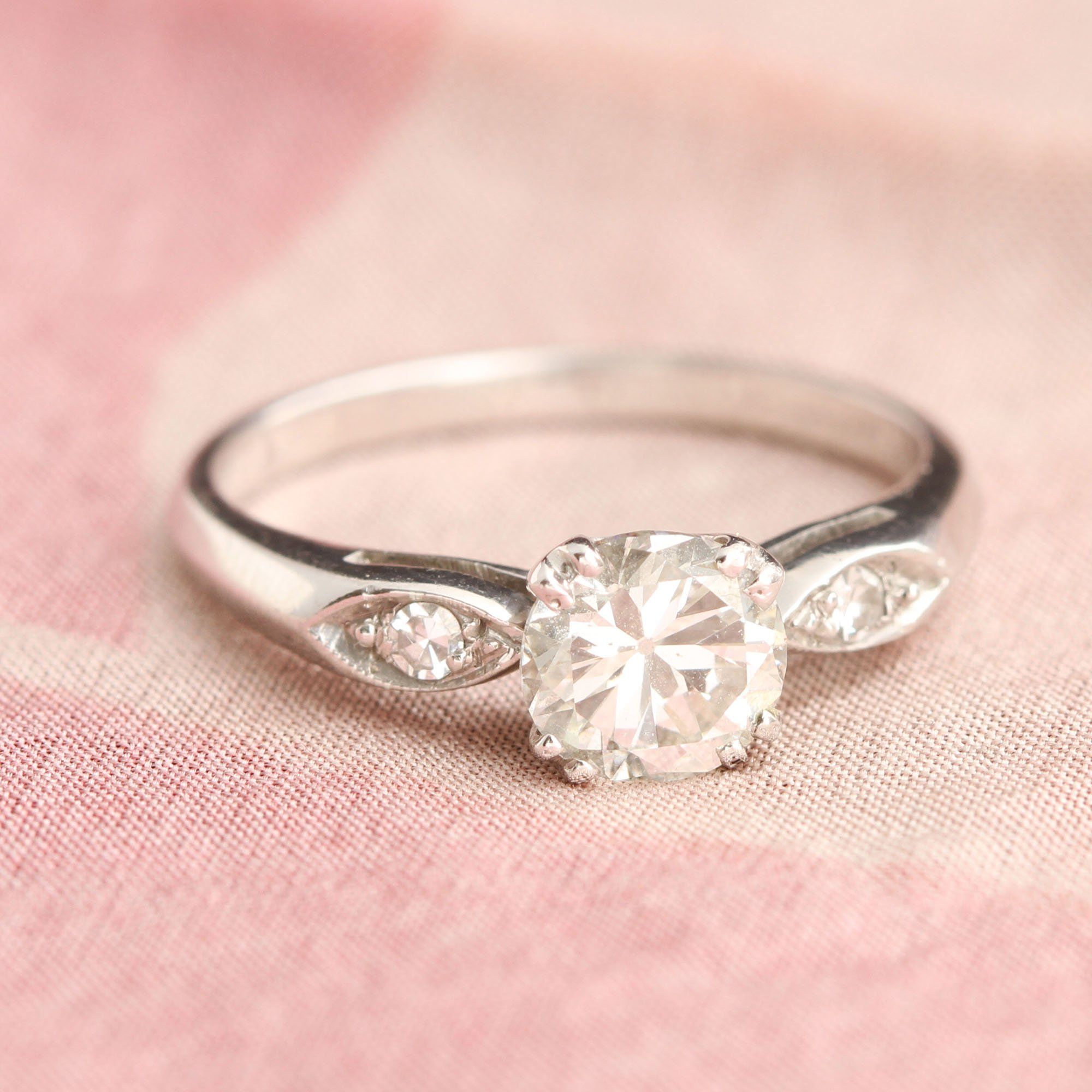 Platinum .84ct Old European Cut Diamond Engagement Ring with Petal Shoulders