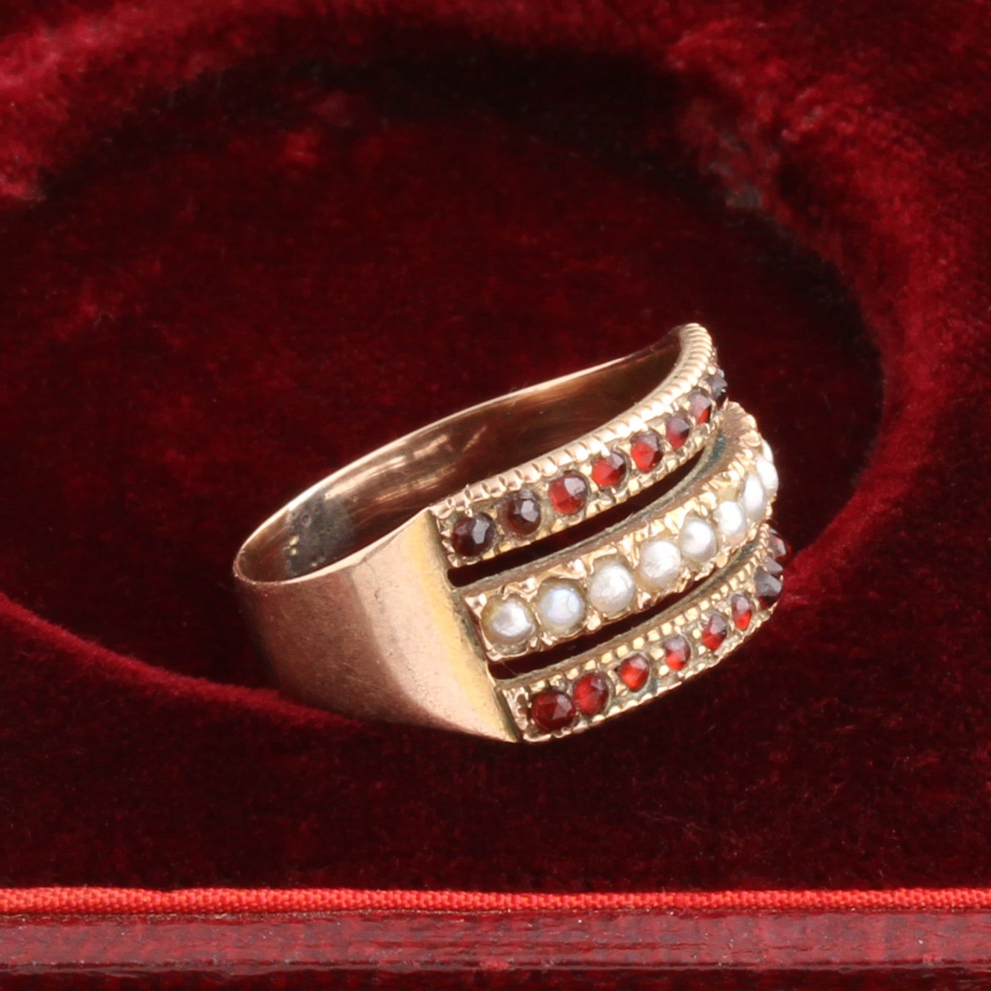 Victorian Garnet & Pearl Triple Row Ring