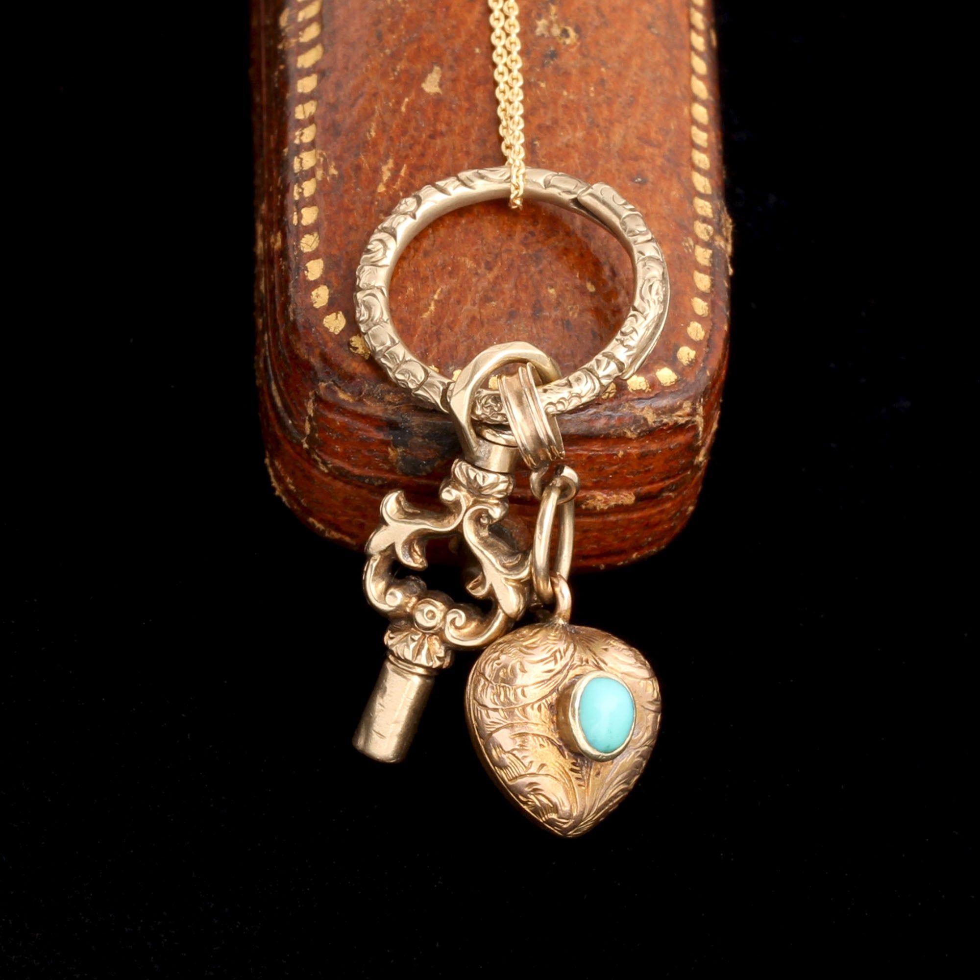 Early Victorian Heart Locket & Watch Key Necklace