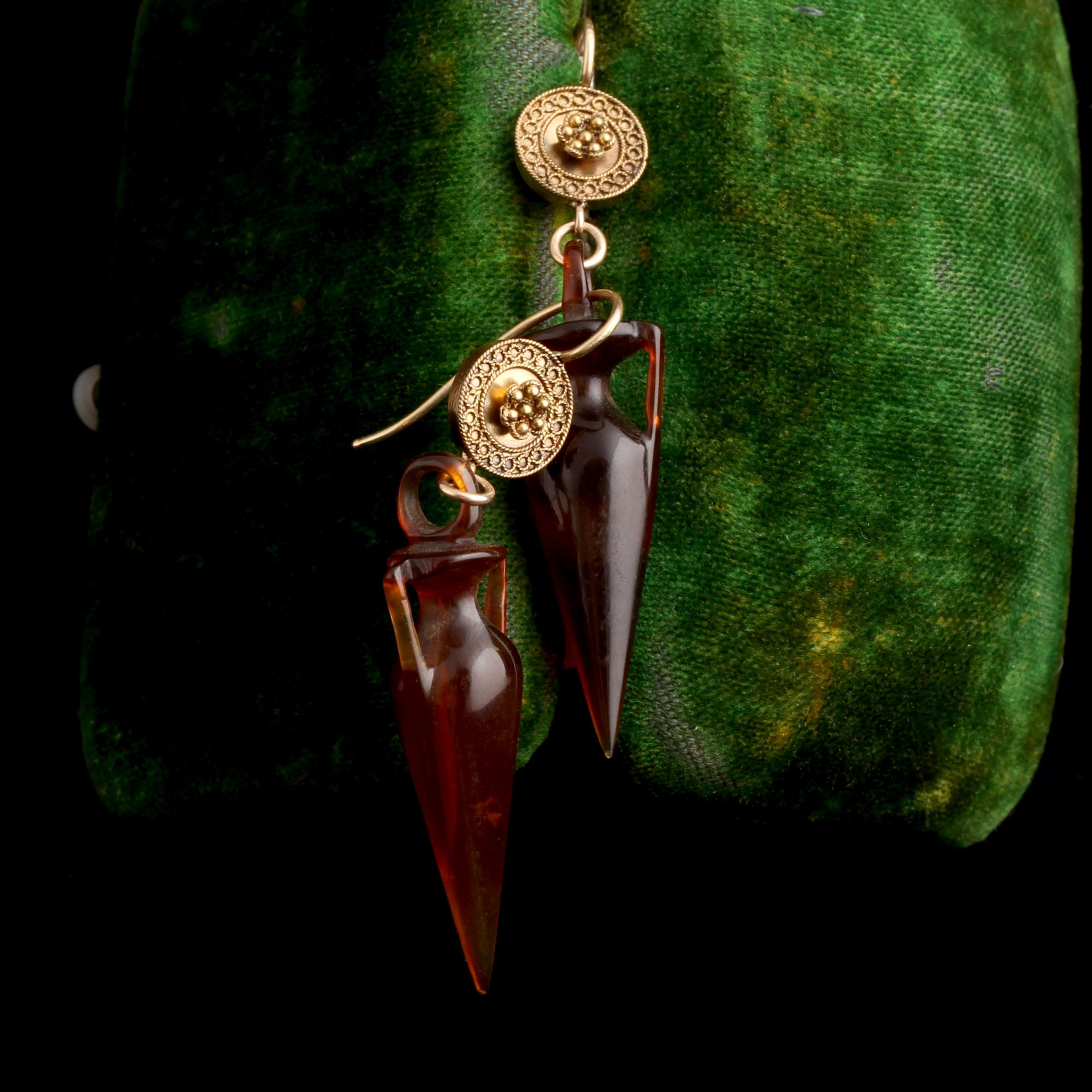 Detail of Etruscan Revival Tortoiseshell Amphorae Earrings