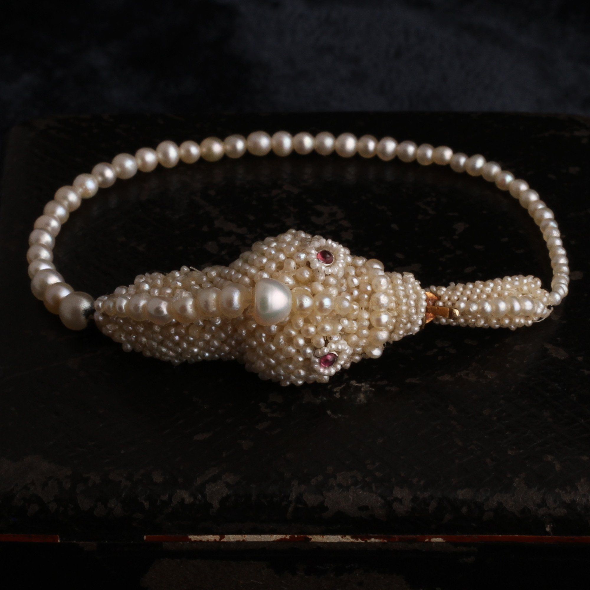 Detail of Victorian Pearl and Garnet Snake Bracelet
