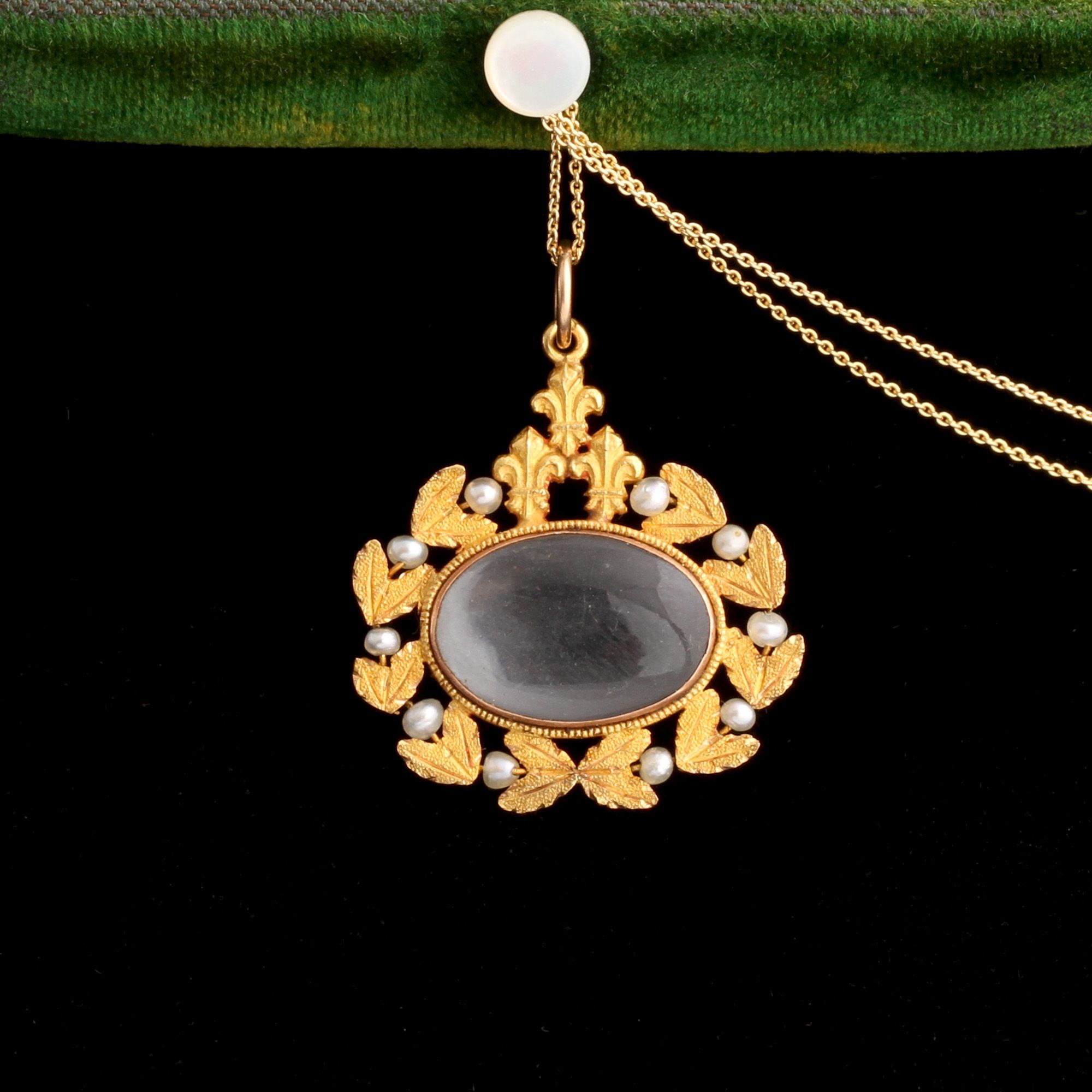 Mid 19th Century French Fleur de Lis & Pearl Locket Necklace