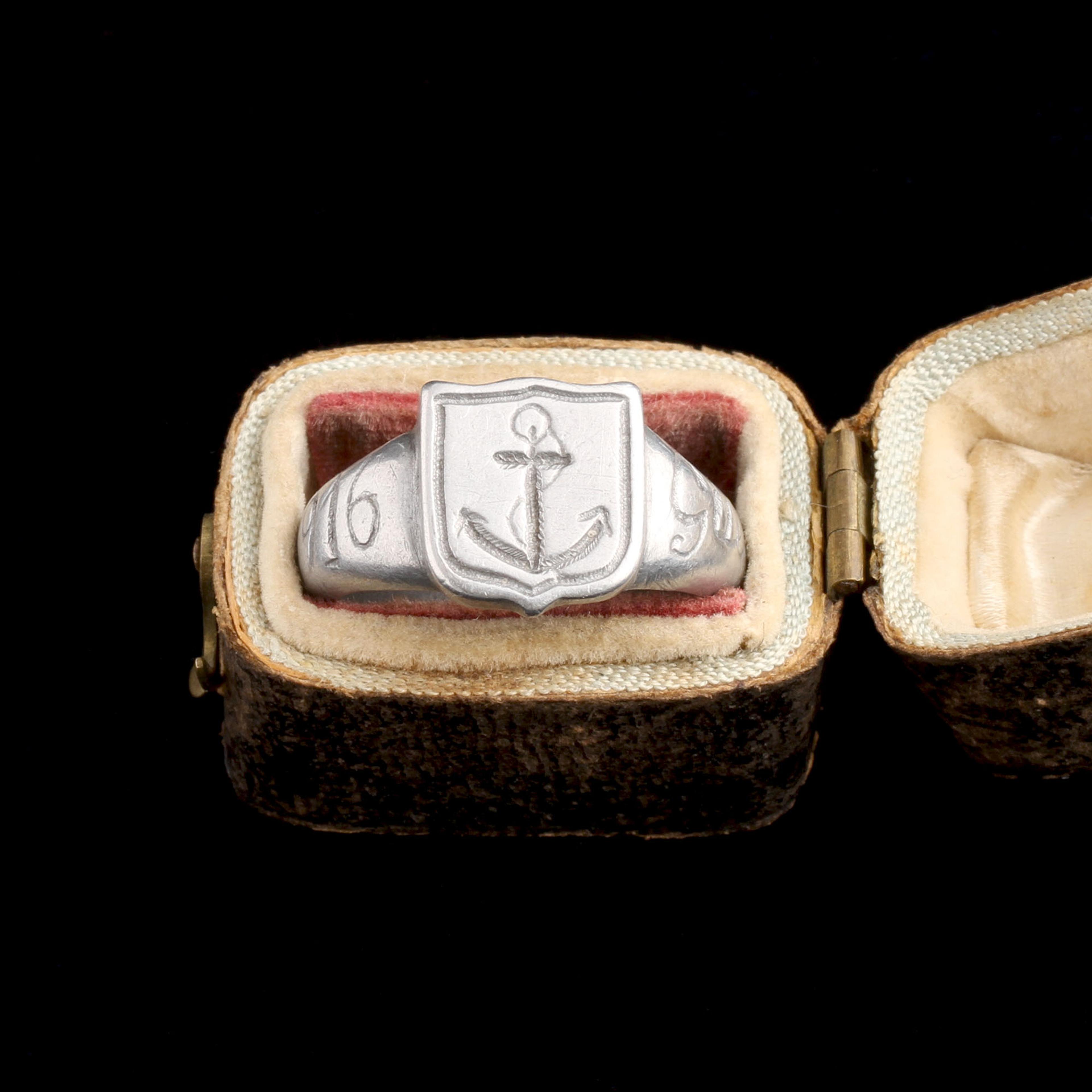 WWI Trench Art Aluminum "Guerre" Anchor Signet Ring