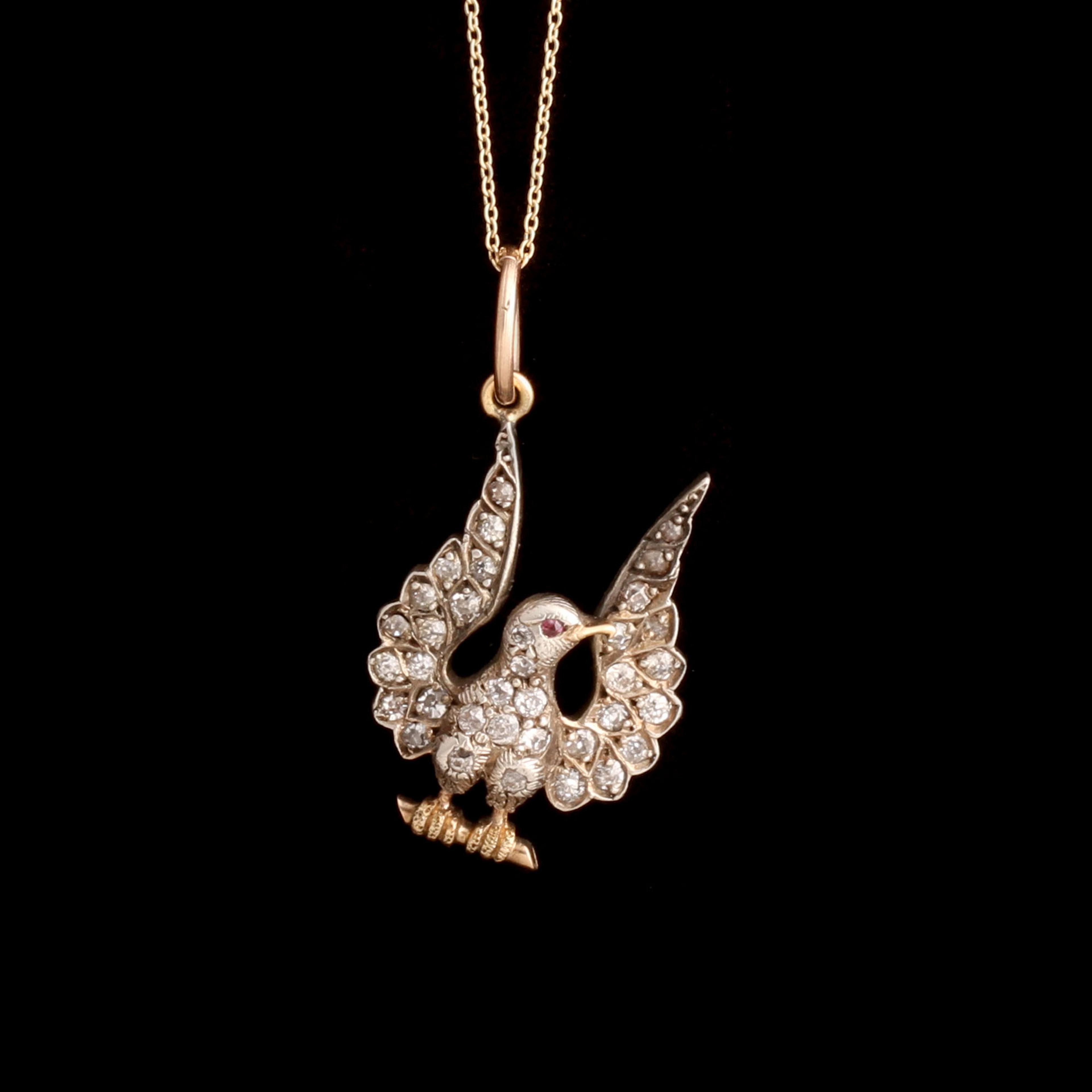 Victorian Bird Taking Flight Diamond & Garnet Necklace