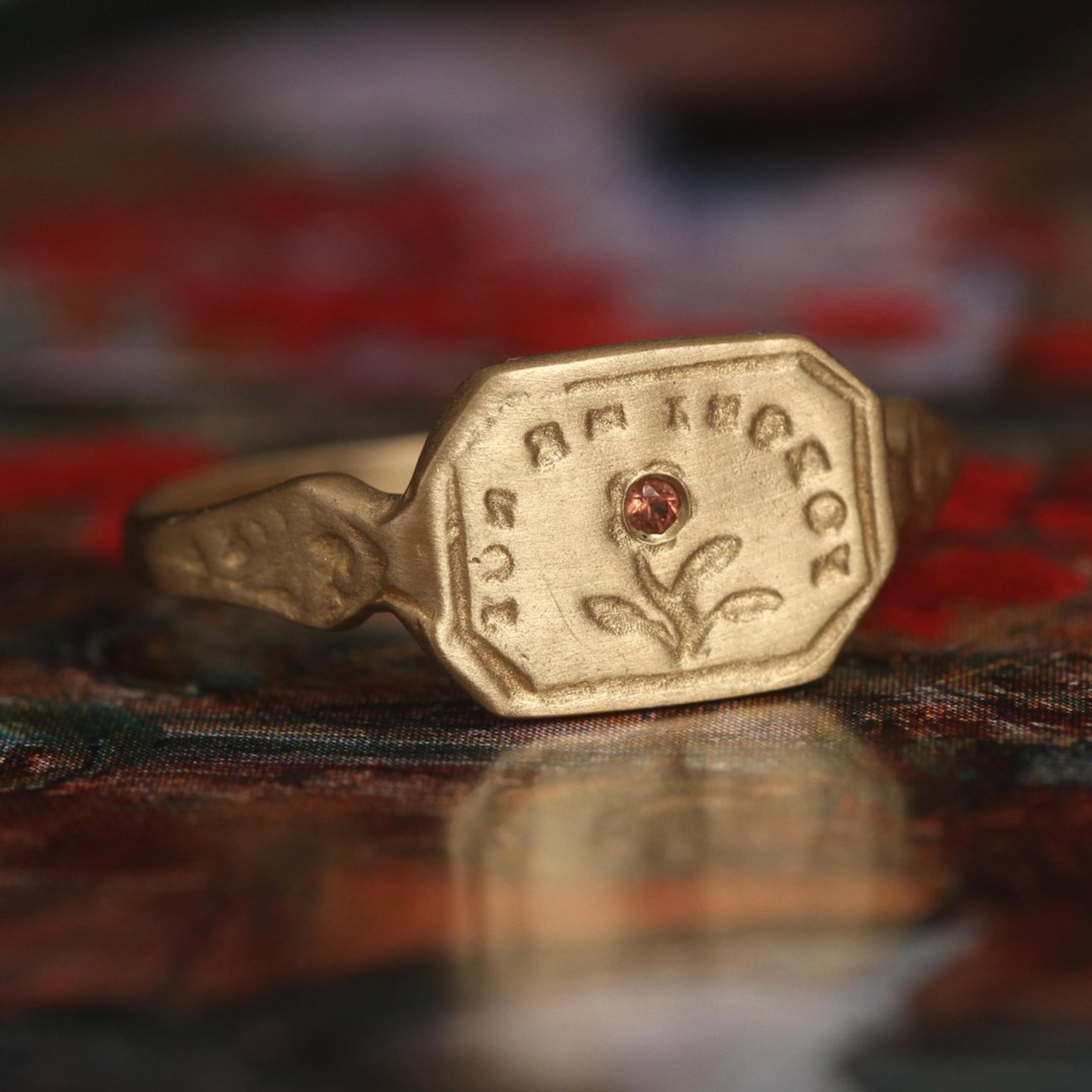 Detail of Wax Seal Ring - "Forget Me Not" 10k gold