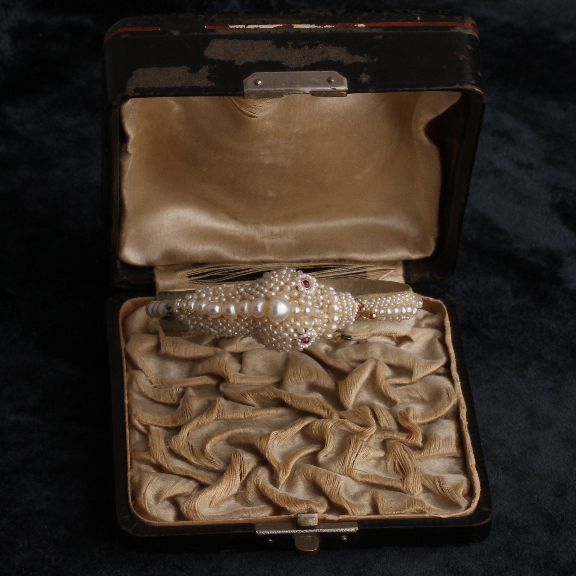 Detail of Victorian Pearl and Garnet Snake Bracelet in Original Box