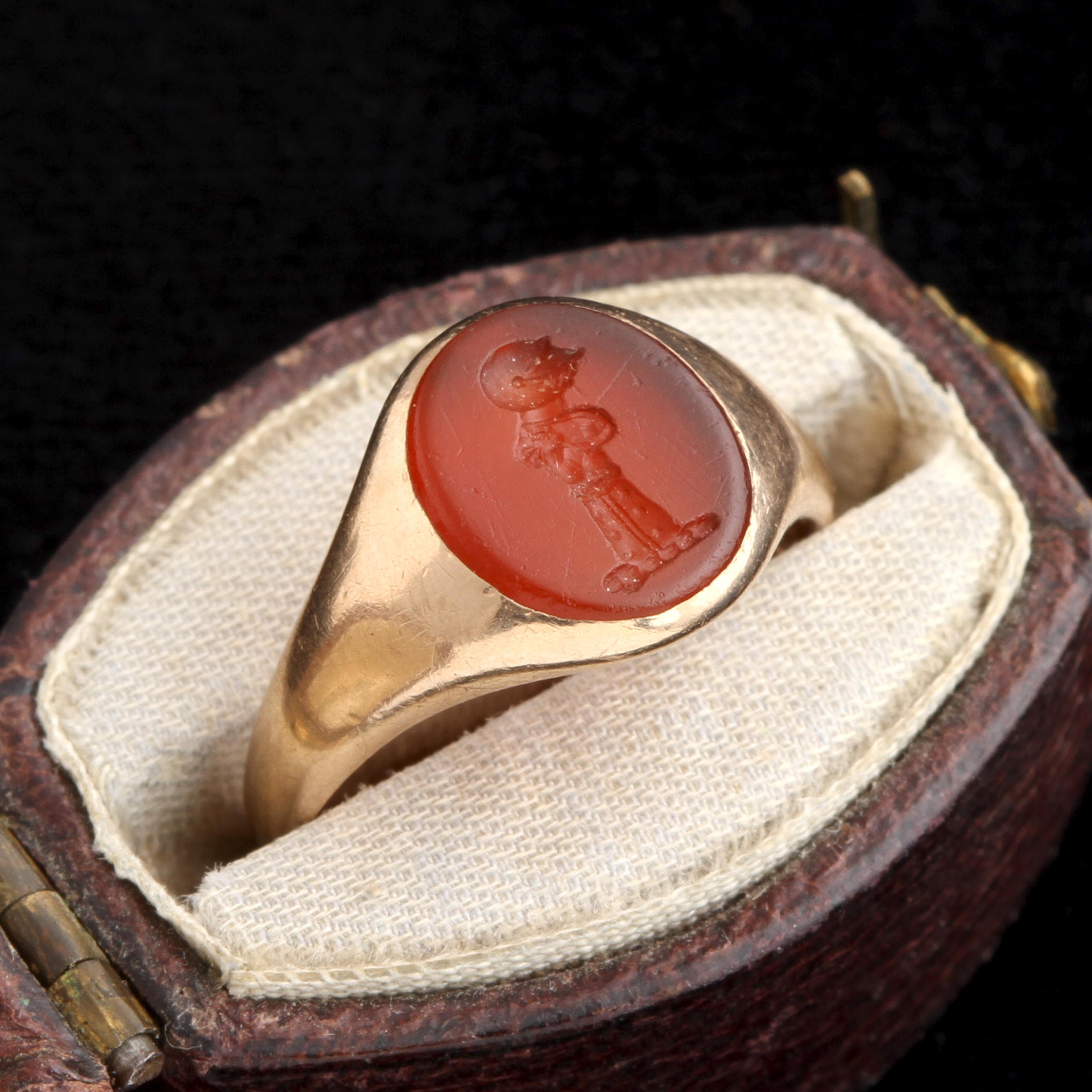 Detail of 1940s Kenney Crest Carnelian Signet Ring