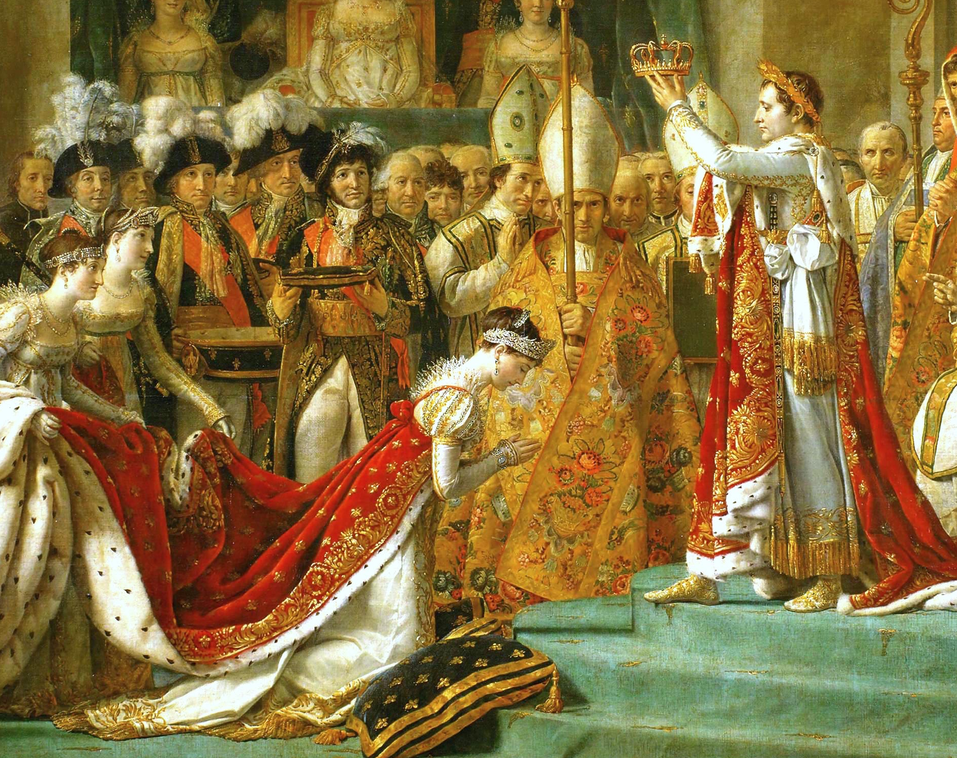 This massive 20 foot tall painting was part of the Napoleon propaganda machine. Coronation of Emperor Napoleon I and Coronation of the Empress Josephine in Notre-Dame de Paris, December 2, 1804 by Jacques-Louis David, 1805-1807. The Louvre.